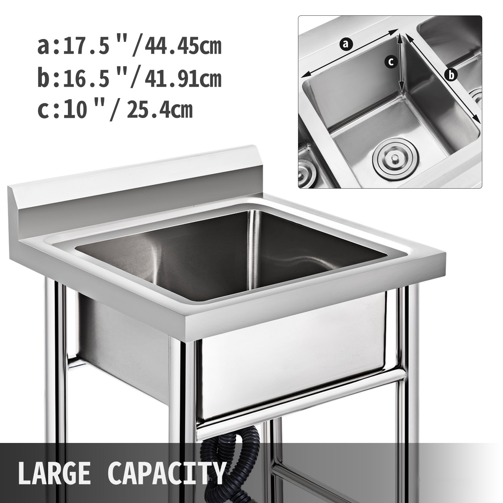 VEVOR Fregadero Comercial de Acero Inoxidable, 1 Compartimientos de Tamaño 44 x 44 x 25 cm y Tamaño Total 93 x 61 x 60 cm para Fregadero de Cocina, 4 Patas de Forma H para Fregadero de Barra Inferior