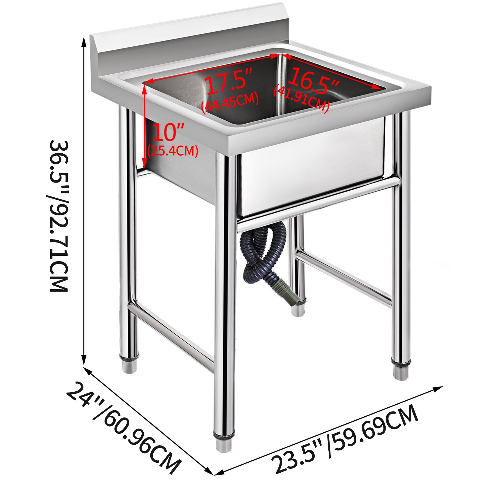 VEVOR Fregadero Comercial de Acero Inoxidable, 1 Compartimientos de Tamaño 44 x 44 x 25 cm y Tamaño Total 93 x 61 x 60 cm para Fregadero de Cocina, 4 Patas de Forma H para Fregadero de Barra Inferior