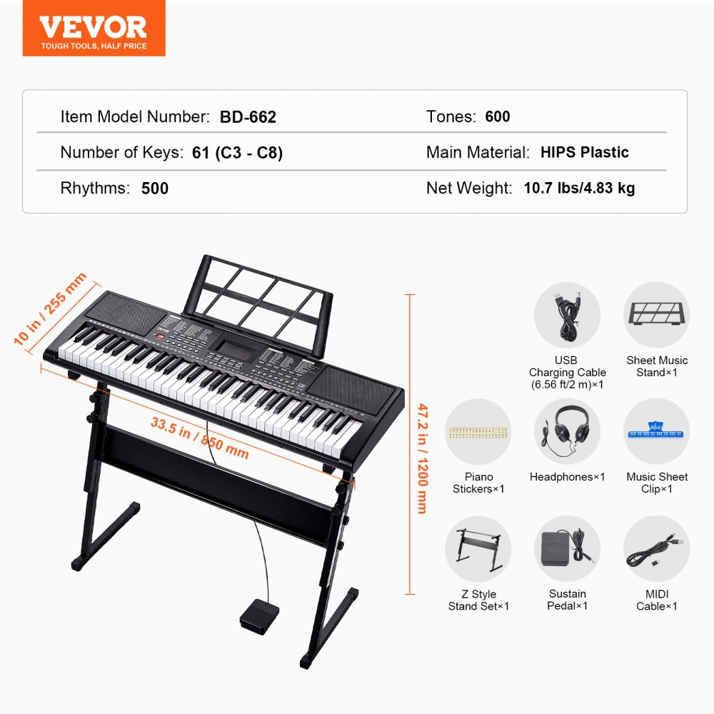 VEVOR 61-key digital piano, backlit keys, portable electric piano with adjustable stand, 600 tones, 500 rhythms, built-in speakers, sustain pedal, headphones, microphone, USB MIDI for beginners