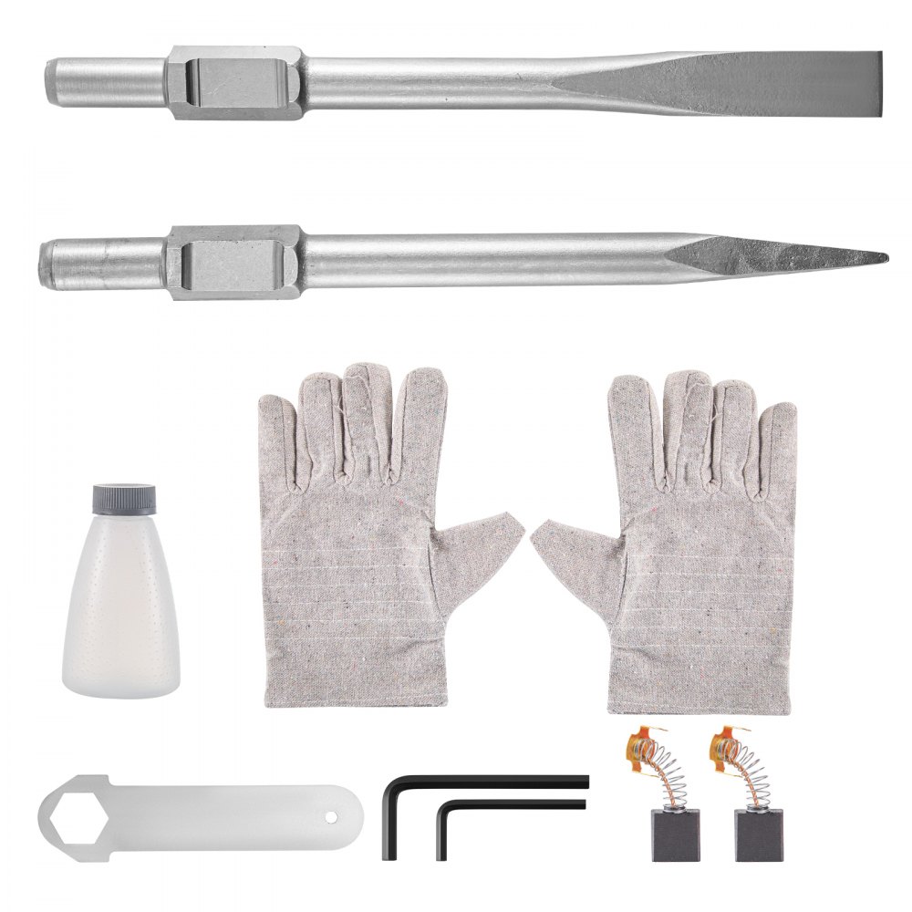 VEVOR Martillo Demoledor 1500W Martillo Eléctrico Profesional, 50J Martillo de Demolición, 1450-1900BPM con Cincel Plano, Cincel Puntiagudo y Accesorios Completos 2 Mangos para Hormigón y Mampostería