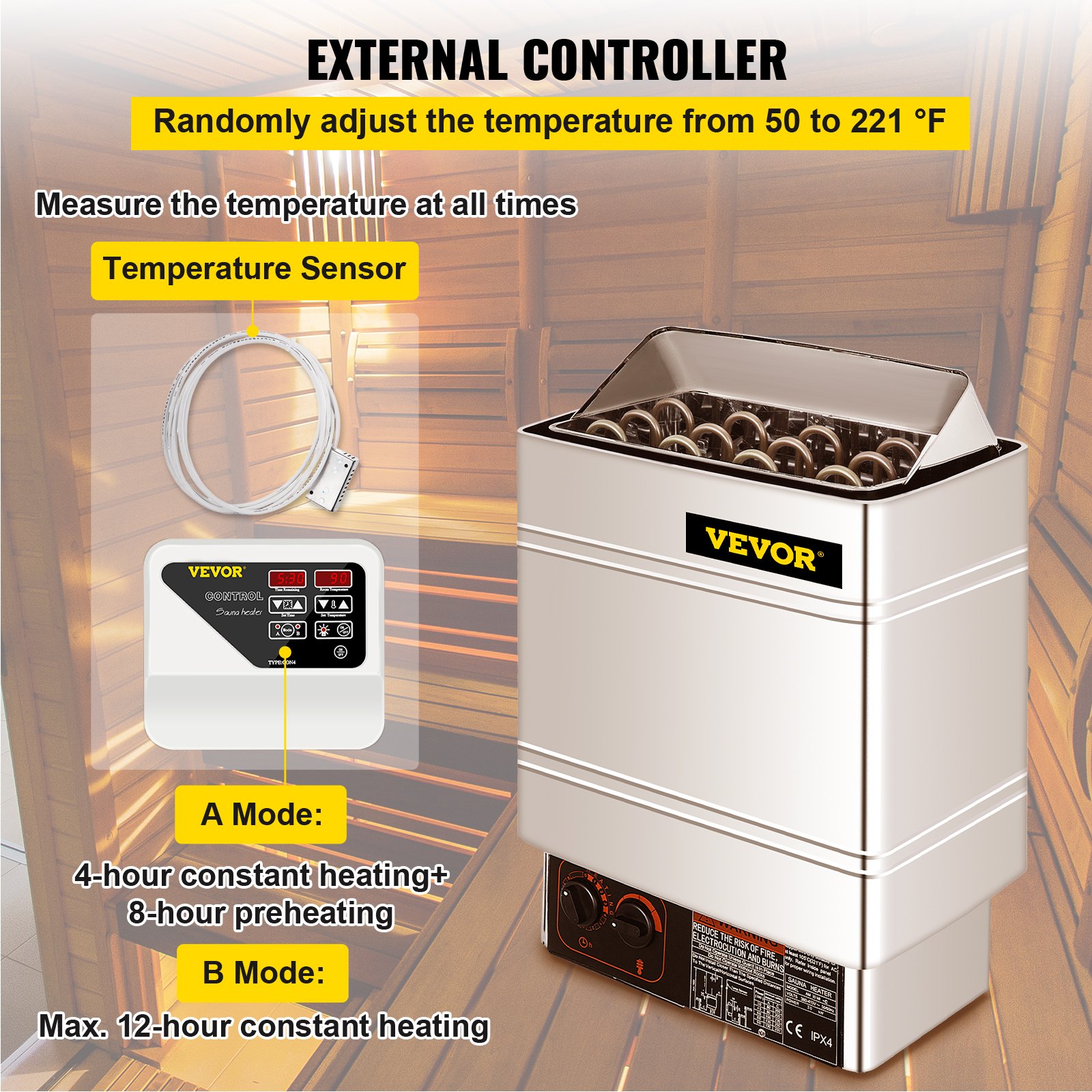VEVOR 400v Estufa eléctrica para sauna, calentador de sauna 6kw y controlador externo