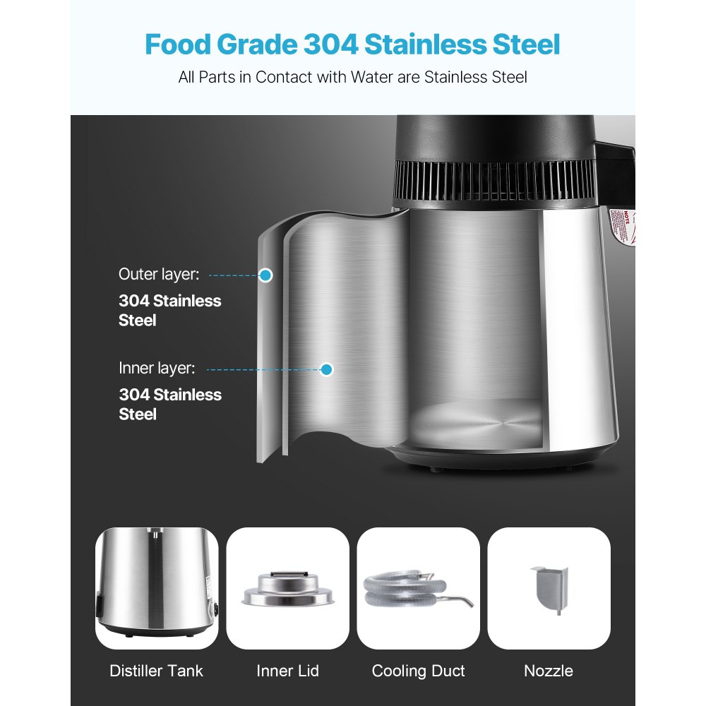 VEVOR Water Distiller, 6L 1.6 Gallon Larger Pure Water Purifier Filter For Home Table Countertop, 900W Glass Pot Distilled Maker, Stainless Steel Interior Drinking Machine to Make Clean Waters, Silver