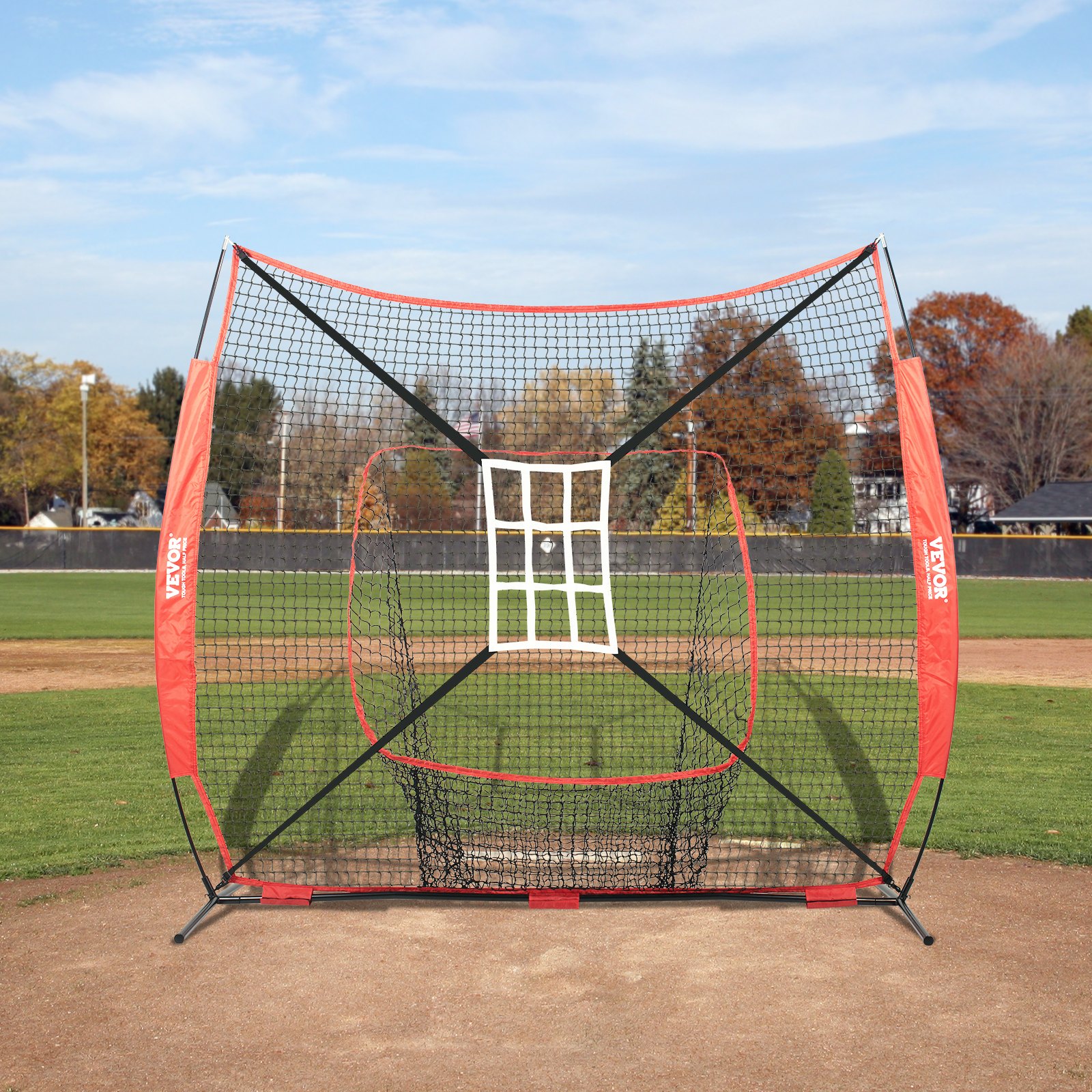 VEVOR 244 x 106 x 211 cm Baseball/Softball Practice Net, Baseball Training Net, Hitting, Catching, Pitching, Backstop Baseball Equipment with Arch Frame, Carrying Bag, Batting Zone, Ball, Ball Collector