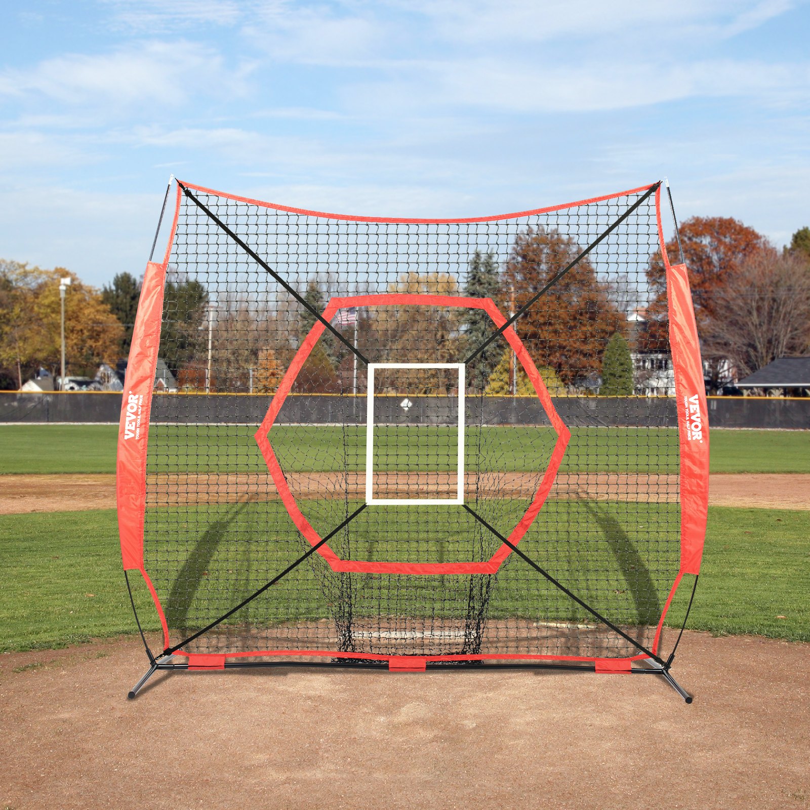 VEVOR Red de Entrenamiento de Béisbol y Softbol 213 x 211 cm, Red Portátil para Golpear, Atrapar, Lanzar, Equipo de Béisbol con Estructura en Arco, Bolsa de Transporte y Zona de Golpe al Aire Libre