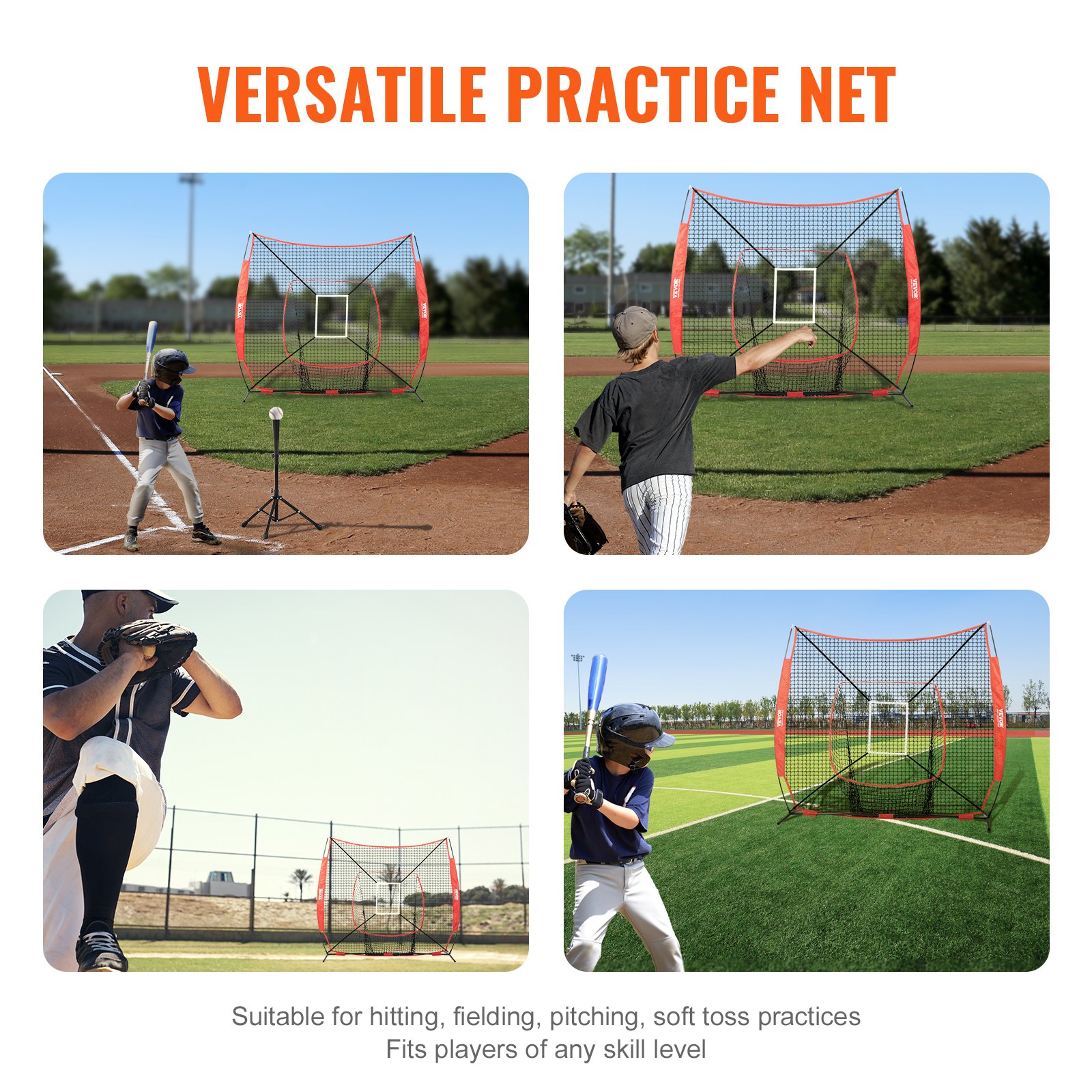 VEVOR Red de Entrenamiento de Béisbol de Softbol Red de Lanzamiento de Béisbol Portátil de 84" x 83" con Marcos de Objetivo y 9 Orificios y Bolsa de Transporte para Receptor de Lanzador, Solo Red