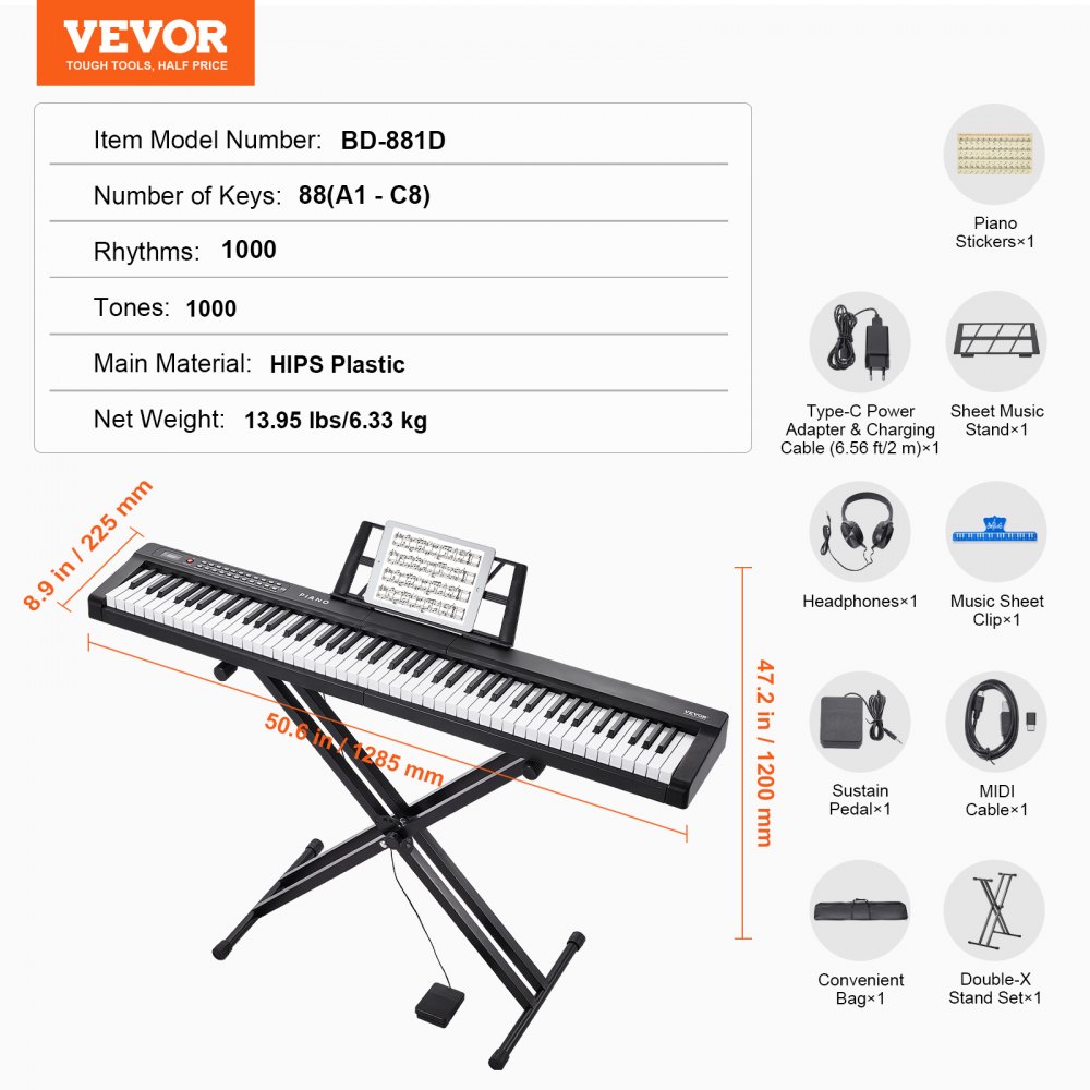 VEVOR Teclado de piano digital de 88 teclas, teclas semipesadas, juego de piano con teclado eléctrico de tamaño completo con soporte ajustable, altavoces incorporados, pedal de sostenido, auriculares, Bluetooth, MIDI, USB para principiantes