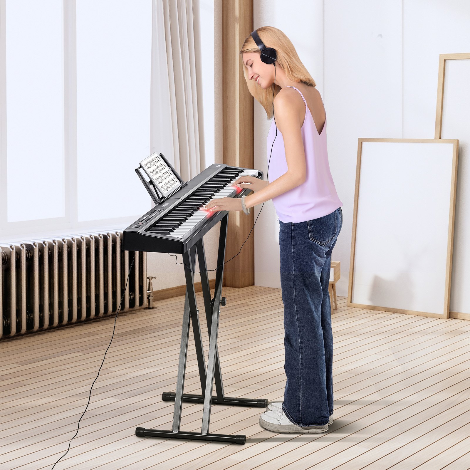 VEVOR Teclado de piano digital de 88 teclas, teclas semipesadas, juego de piano con teclado eléctrico de tamaño completo con soporte ajustable, altavoces incorporados, pedal de sostenido, auriculares, Bluetooth, MIDI, USB para principiantes