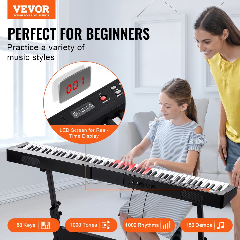 VEVOR Teclado de piano digital de 88 teclas, teclas semipesadas, teclado de piano portátil eléctrico de tamaño completo con 1000 tonos, altavoces incorporados, pedal de sustain, auriculares, Bluetooth, MIDI, USB para principiantes