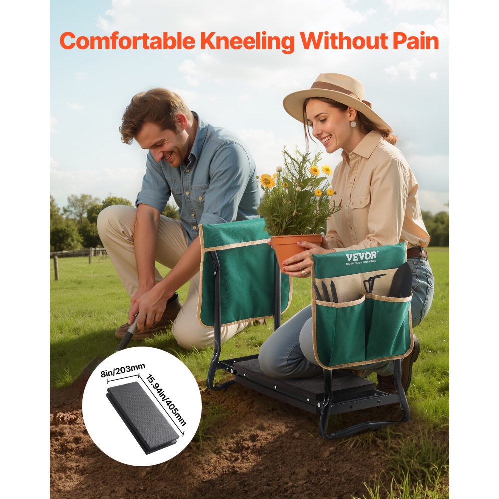 VEVOR Rodillera y Asiento de Jardín, 20 cm de Ancho Taburete Resistente para Arrodillarse Asiento Plegable con 2 Bolsas de Herramientas Alivia el Dolor de Rodillas y Espalda Banco de Jardín Portátil