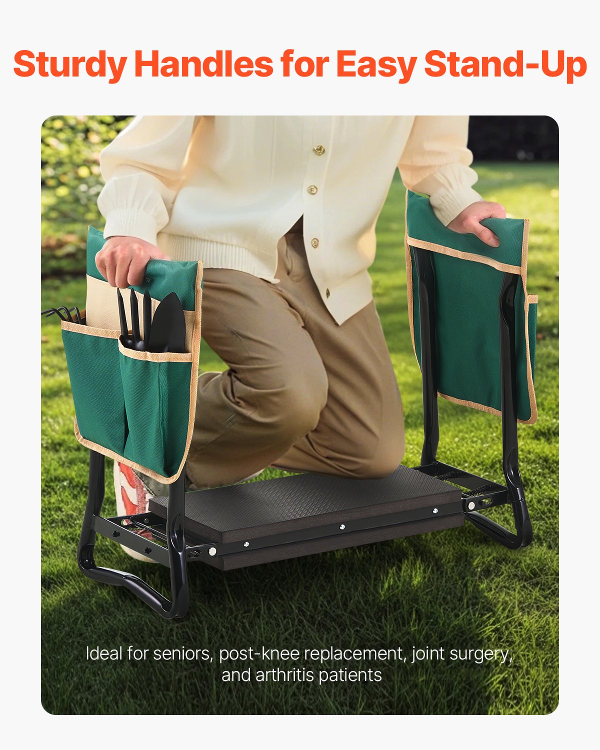 VEVOR Rodillera y Asiento de Jardín, 20 cm de Ancho Taburete Resistente para Arrodillarse Asiento Plegable con 2 Bolsas de Herramientas Alivia el Dolor de Rodillas y Espalda Banco de Jardín Portátil