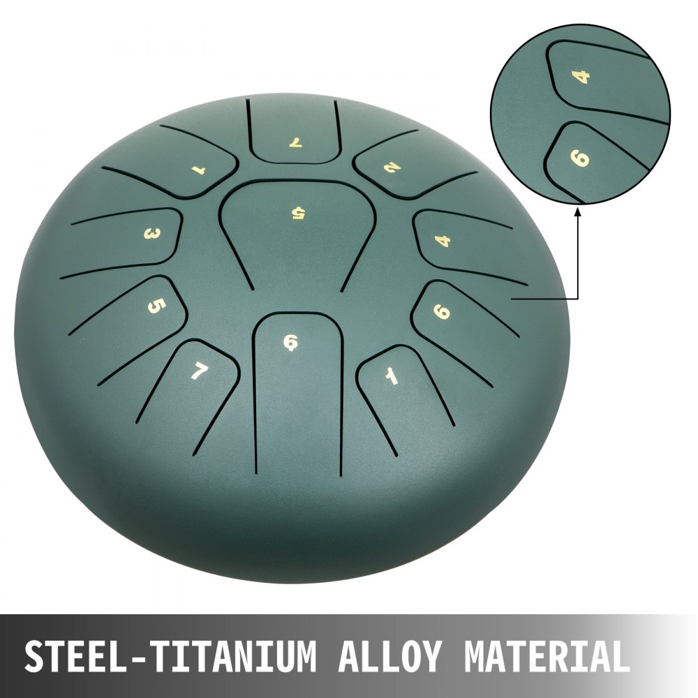 VEVOR Tambor de Lengua de Acero 11 Nota, Instrumento de Tambor de Lengua de Calidad con Decoración de Cuerda y Mazos, Handpan de Lengua de Acero 20 cm Verde Mineral, Bolsa Libro de Música