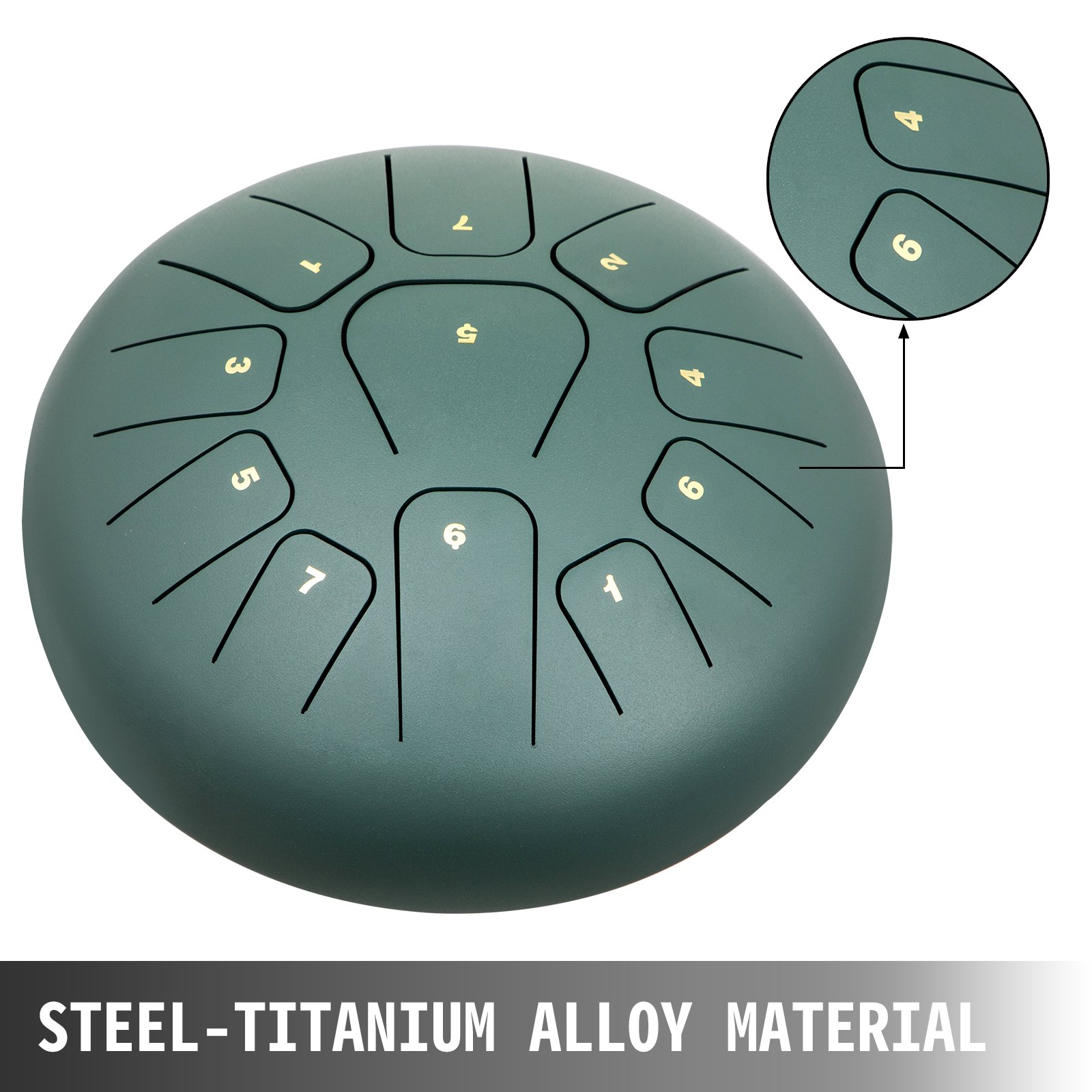 VEVOR Tambor de Lengua de Acero 11 Nota, Instrumento de Tambor de Lengua de Calidad con Decoración de Cuerda y Mazos, Handpan de Lengua de Acero 20 cm Verde Mineral, Bolsa Libro de Música