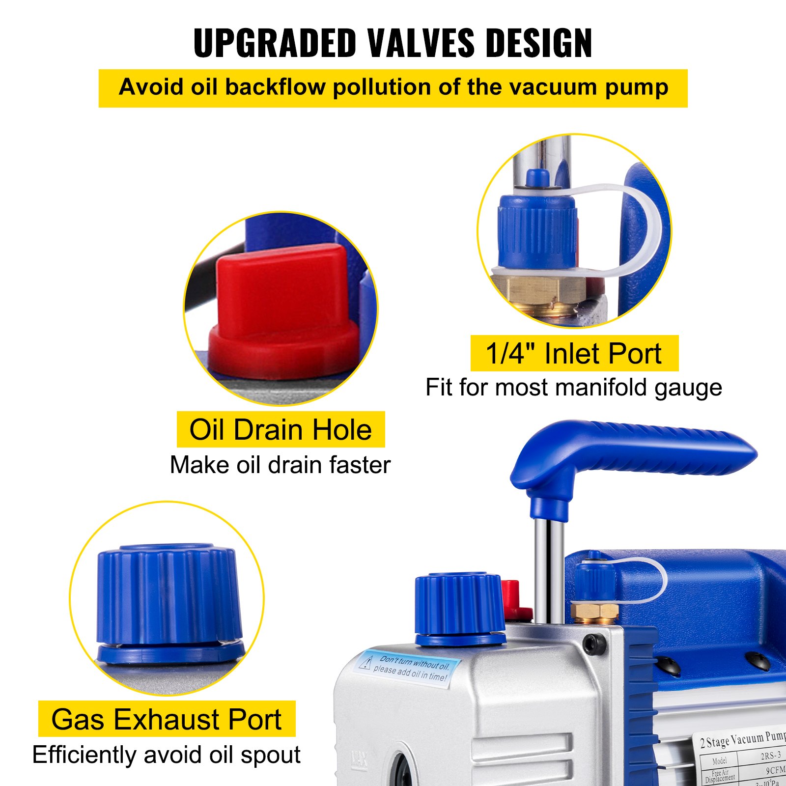 VEVOR Bomba de Vacío 9 CFM 1 HP JB 220 V 50 Hz Bomba de Vacío de Etapa única 15 Micras 1720 rpm Bomba de Vacío de Refrigeración para Aire Acondicionado Doméstico Mantenimiento de Automóvil