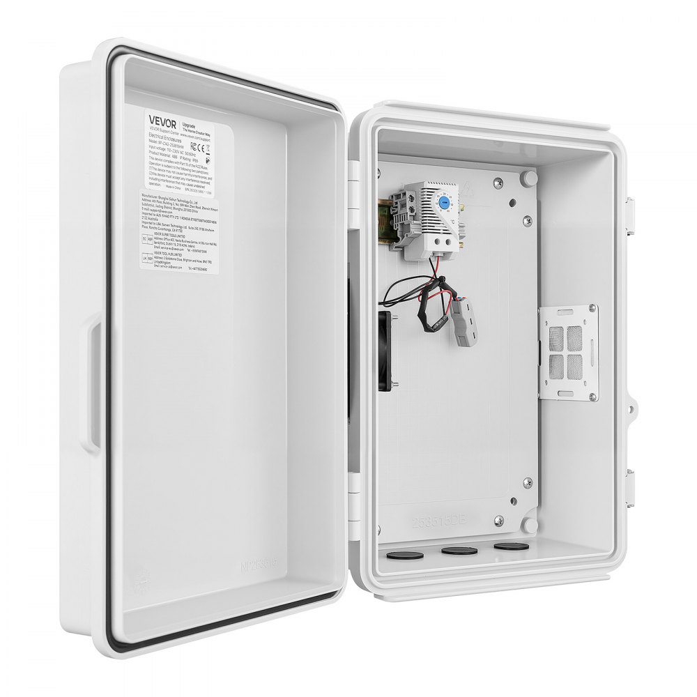 VEVOR Caja de Distribución Eléctrica de ABS, Armario de Distribución Impermeable con Termostato y Ventilador, Placa de Montaje, Pasacables, Carcasa de Plástico Ventilada, para Pared, 27,5x15x35 cm