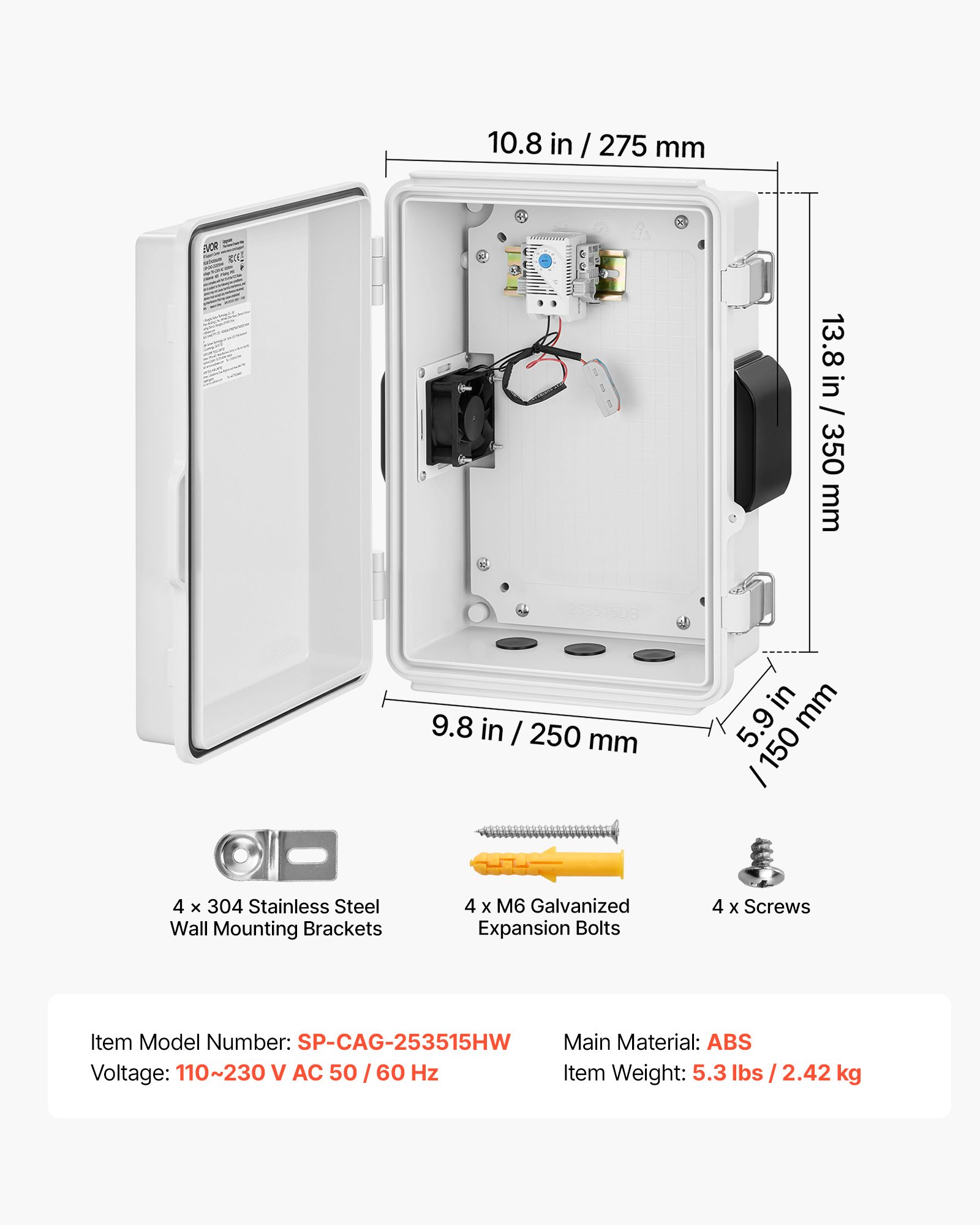VEVOR Caja de Distribución Eléctrica de ABS, Armario de Distribución Impermeable con Termostato y Ventilador, Placa de Montaje, Pasacables, Carcasa de Plástico Ventilada, para Pared, 27,5x15x35 cm
