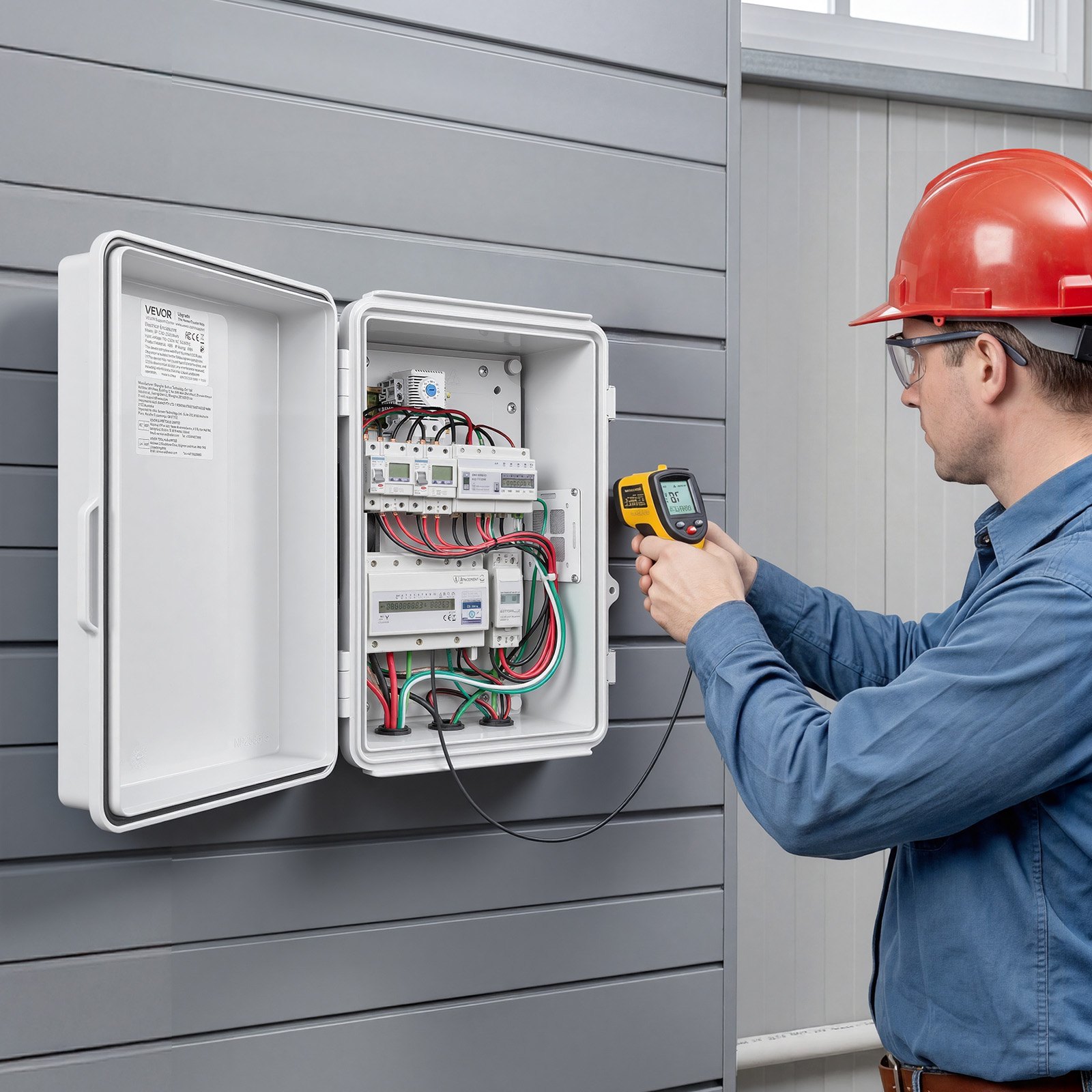 VEVOR Caja de Distribución Eléctrica de ABS, Armario de Distribución Impermeable con Termostato y Ventilador, Placa de Montaje, Pasacables, Carcasa de Plástico Ventilada, para Pared, 27,5x15x35 cm