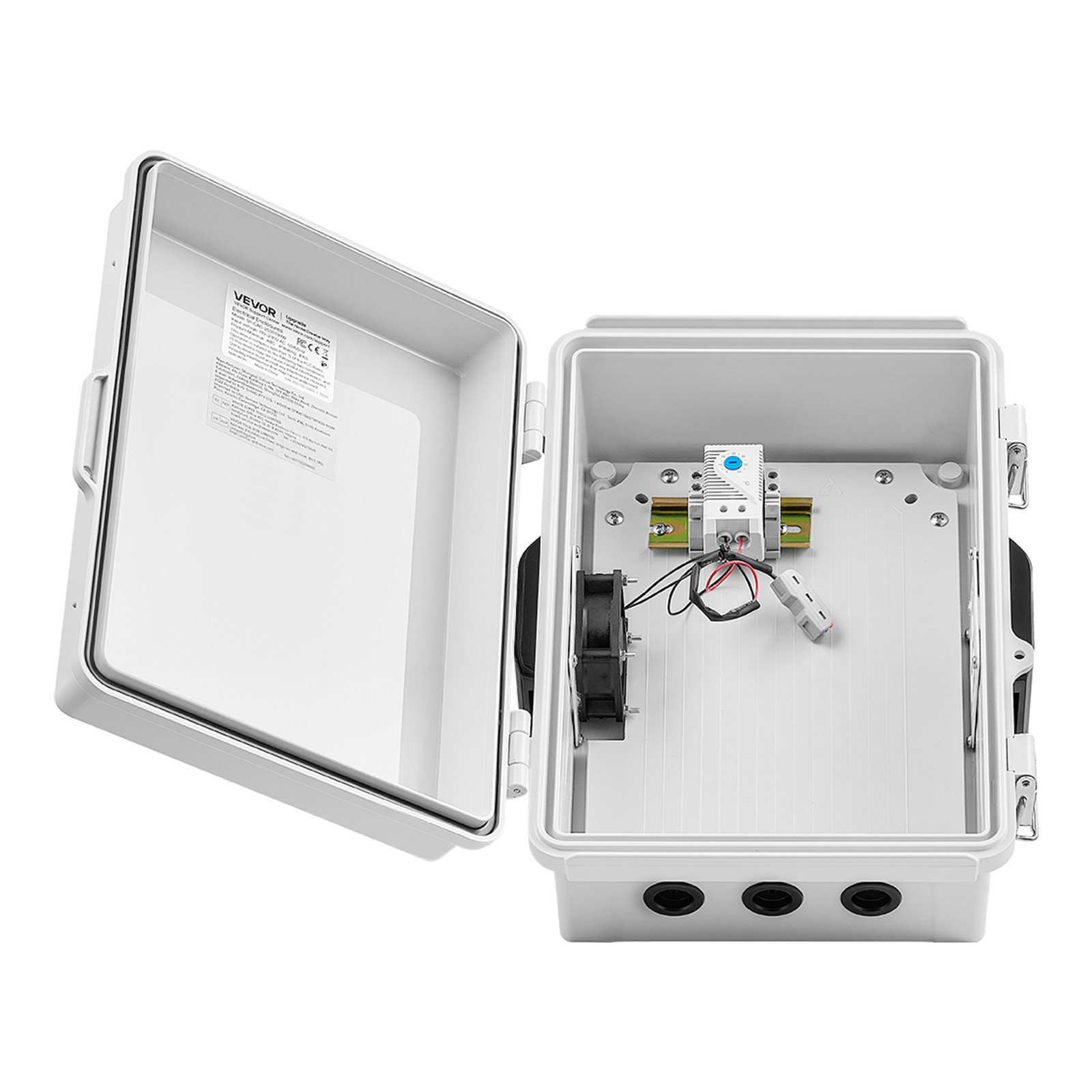 VEVOR Caja de Distribución Eléctrica de ABS, Armario de Distribución Impermeable con Termostato y Ventilador, Placa de Montaje, Pasacables, Carcasa de Plástico Ventilada, para Pared, 27,5x15x35 cm