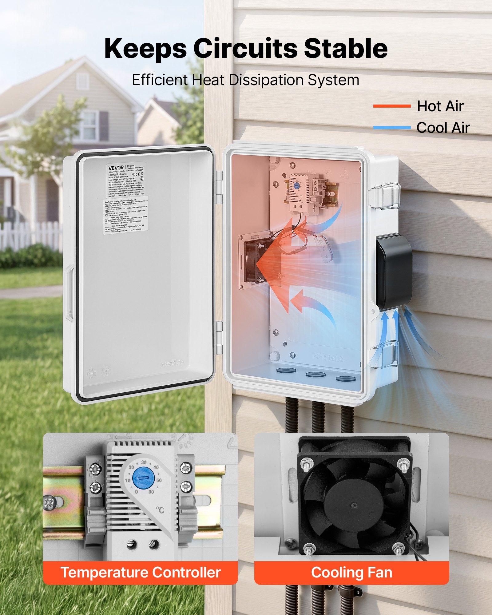 VEVOR Caja de Distribución Eléctrica de ABS, Armario de Distribución Impermeable con Termostato y Ventilador, Placa de Montaje, Pasacables, Carcasa de Plástico Ventilada, para Pared, 27,5x15x35 cm