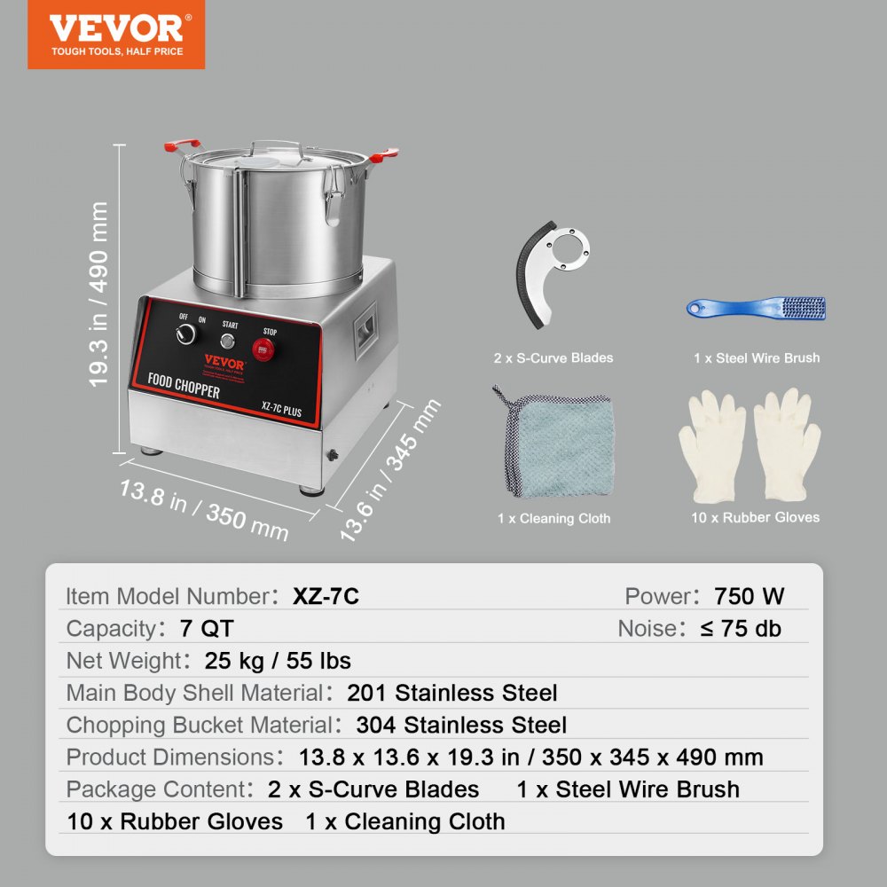 VEVOR Mezclador de Cocina Multifunción 750 W Capacidad de 6,6 L Picadora Eléctrica de Acero Inoxidable Procesador de Alimentos para Verduras Frutas Preparación Culinaria Restaurante Hotel Cocina