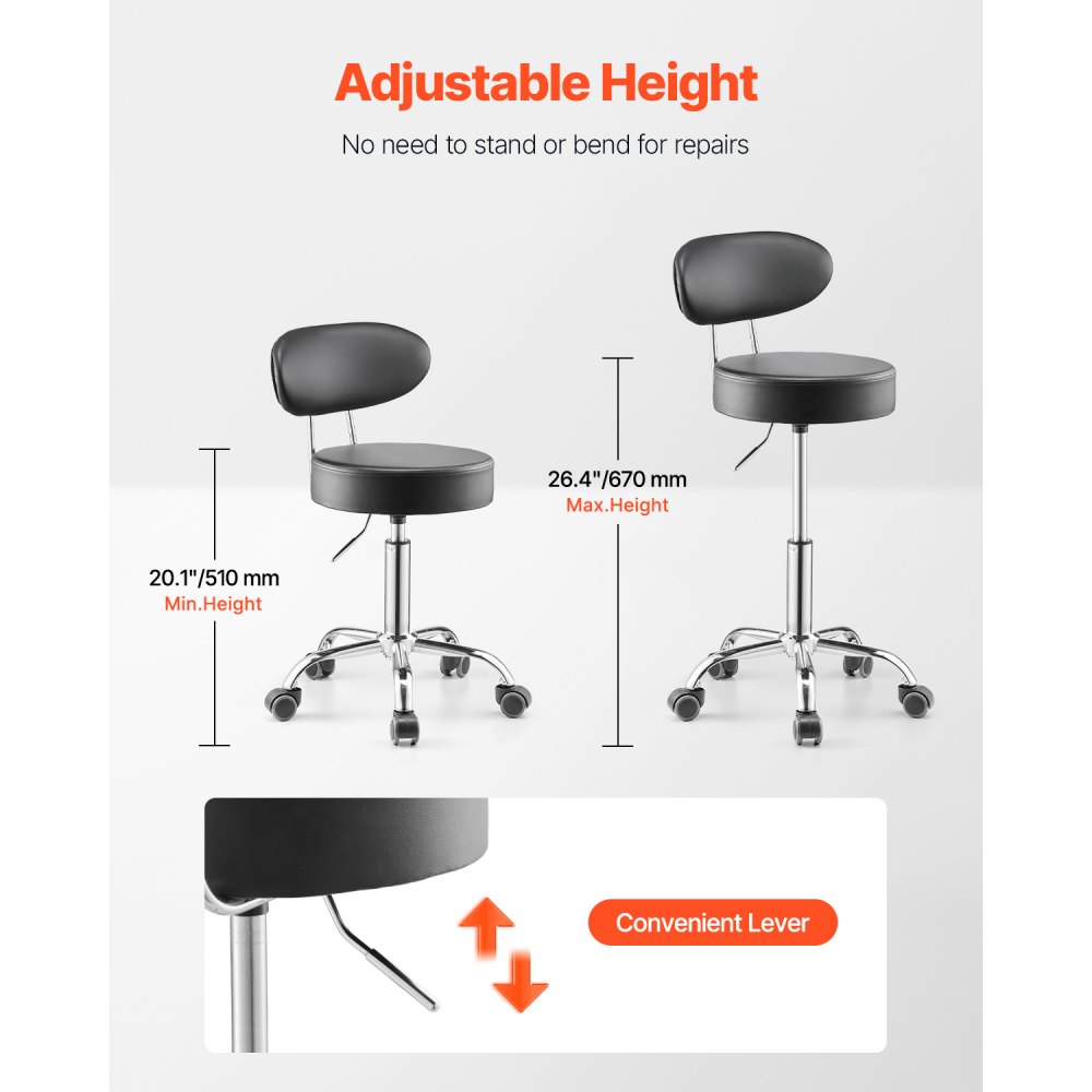 VEVOR Taburete de Taller con Respaldo y Ruedas Asiento de Garaje Carga de 136 kg Taburete de Trabajo Ajustable Acolchado Giratorio de 360° para Garaje, Taller, Reparación de Automóviles, Negro