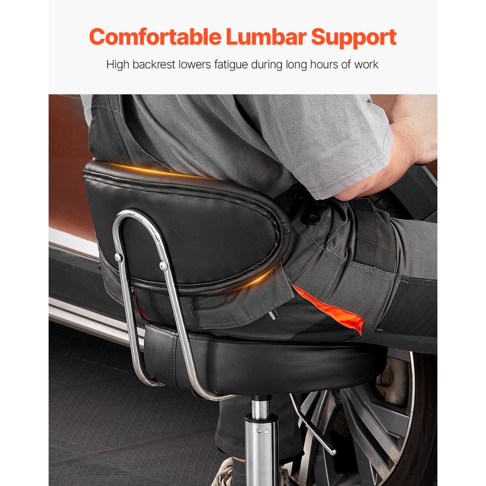 VEVOR Taburete de Taller con Respaldo y Ruedas Asiento de Garaje Carga de 136 kg Taburete de Trabajo Ajustable Acolchado Giratorio de 360° para Garaje, Taller, Reparación de Automóviles, Negro