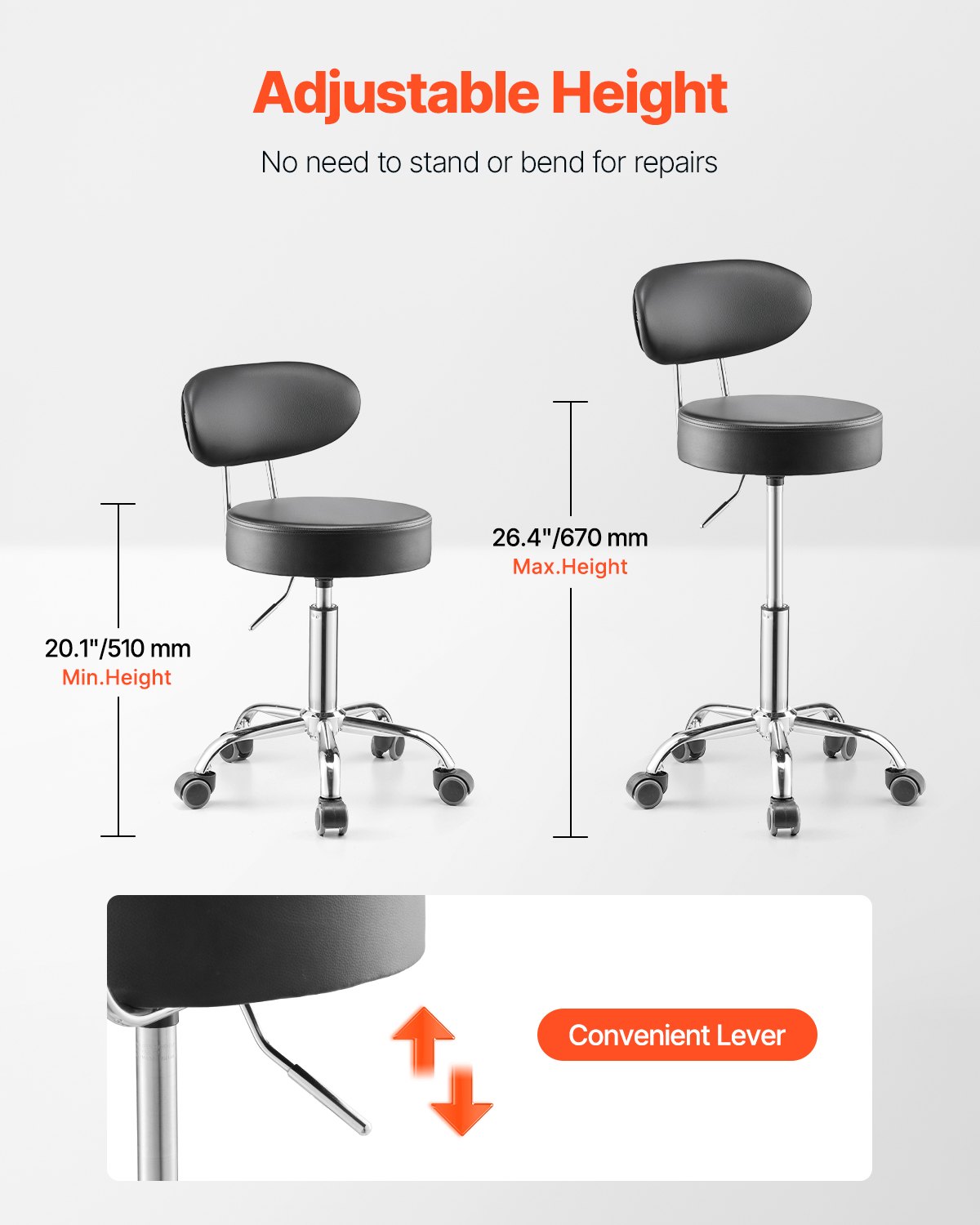 VEVOR Taburete de Taller con Respaldo y Ruedas Asiento de Garaje Carga de 136 kg Taburete de Trabajo Ajustable Acolchado Giratorio de 360° para Garaje, Taller, Reparación de Automóviles, Negro
