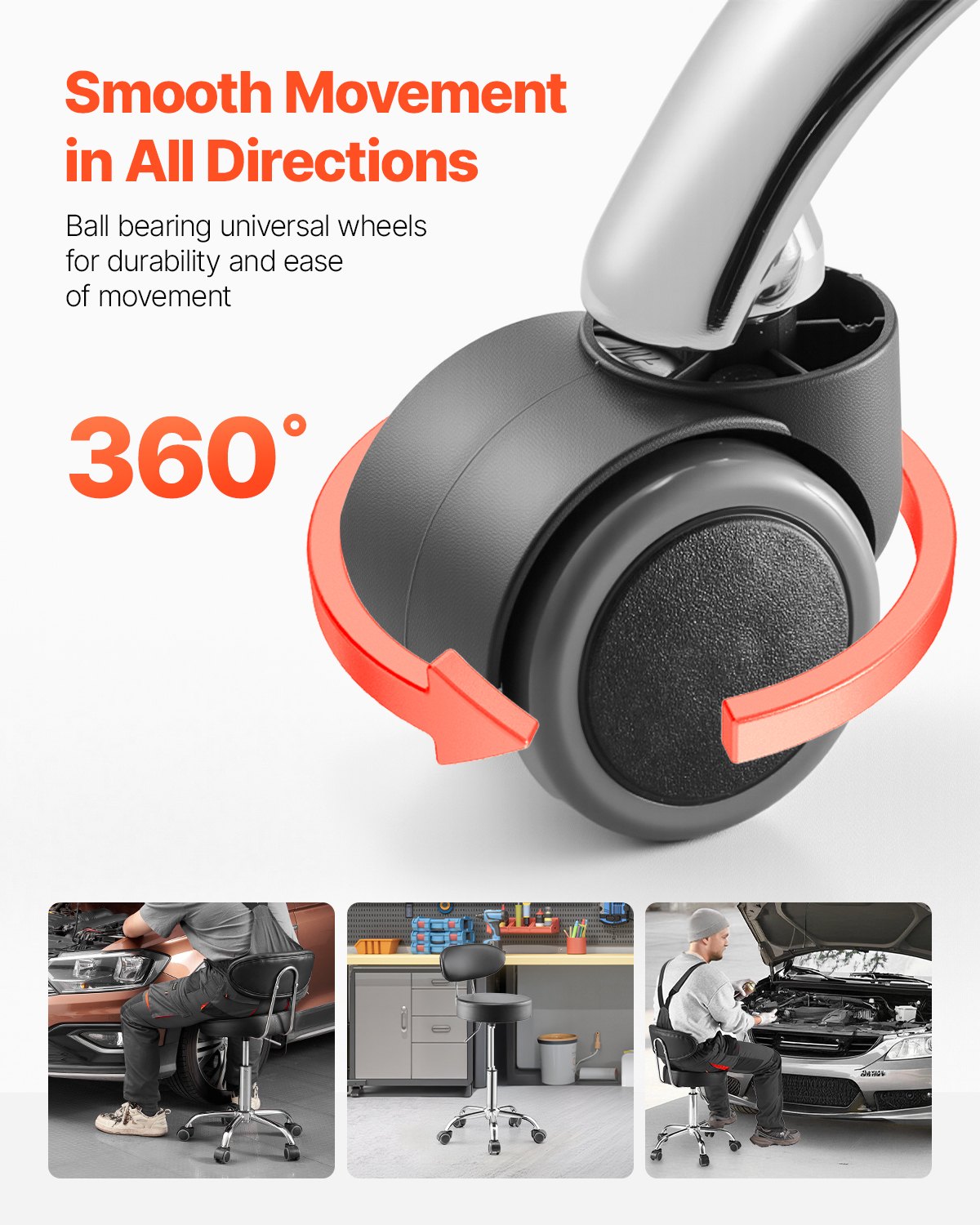 VEVOR Taburete de Taller con Respaldo y Ruedas Asiento de Garaje Carga de 136 kg Taburete de Trabajo Ajustable Acolchado Giratorio de 360° para Garaje, Taller, Reparación de Automóviles, Negro