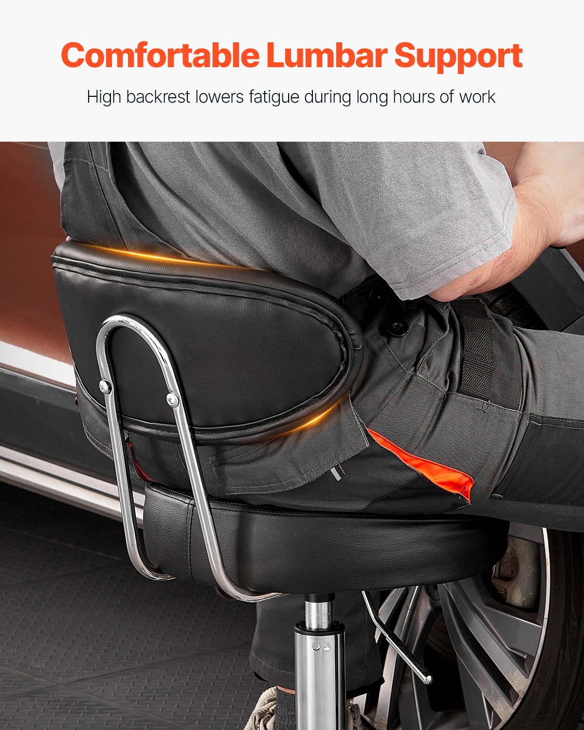 VEVOR Taburete de Taller con Respaldo y Ruedas Asiento de Garaje Carga de 136 kg Taburete de Trabajo Ajustable Acolchado Giratorio de 360° para Garaje, Taller, Reparación de Automóviles, Negro