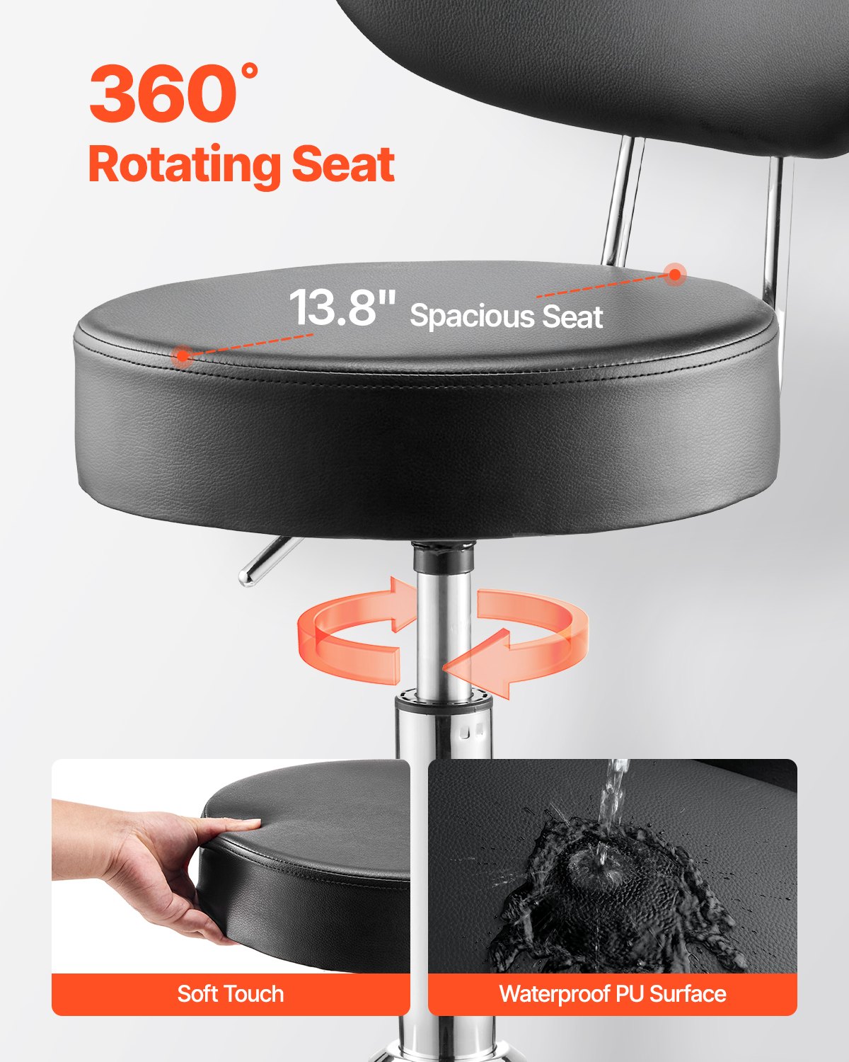 VEVOR Taburete de Taller con Respaldo y Ruedas Asiento de Garaje Carga de 136 kg Taburete de Trabajo Ajustable Acolchado Giratorio de 360° para Garaje, Taller, Reparación de Automóviles, Negro
