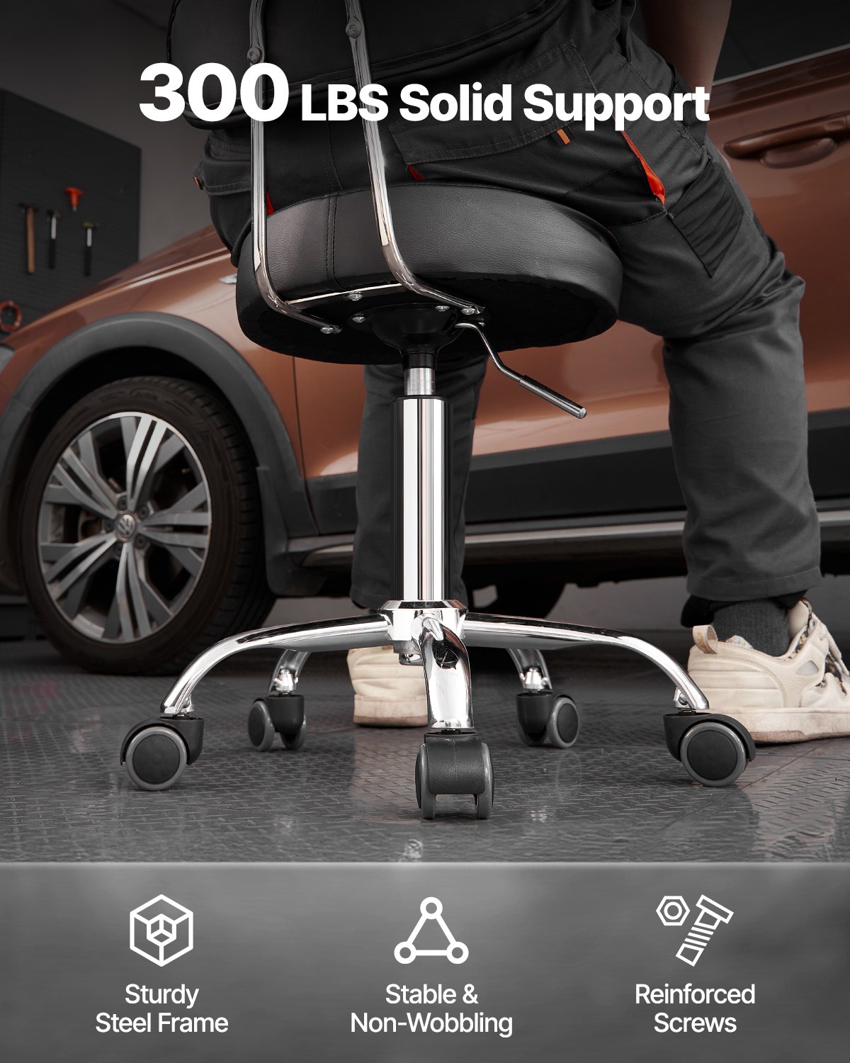 VEVOR Taburete de Taller con Respaldo y Ruedas Asiento de Garaje Carga de 136 kg Taburete de Trabajo Ajustable Acolchado Giratorio de 360° para Garaje, Taller, Reparación de Automóviles, Negro