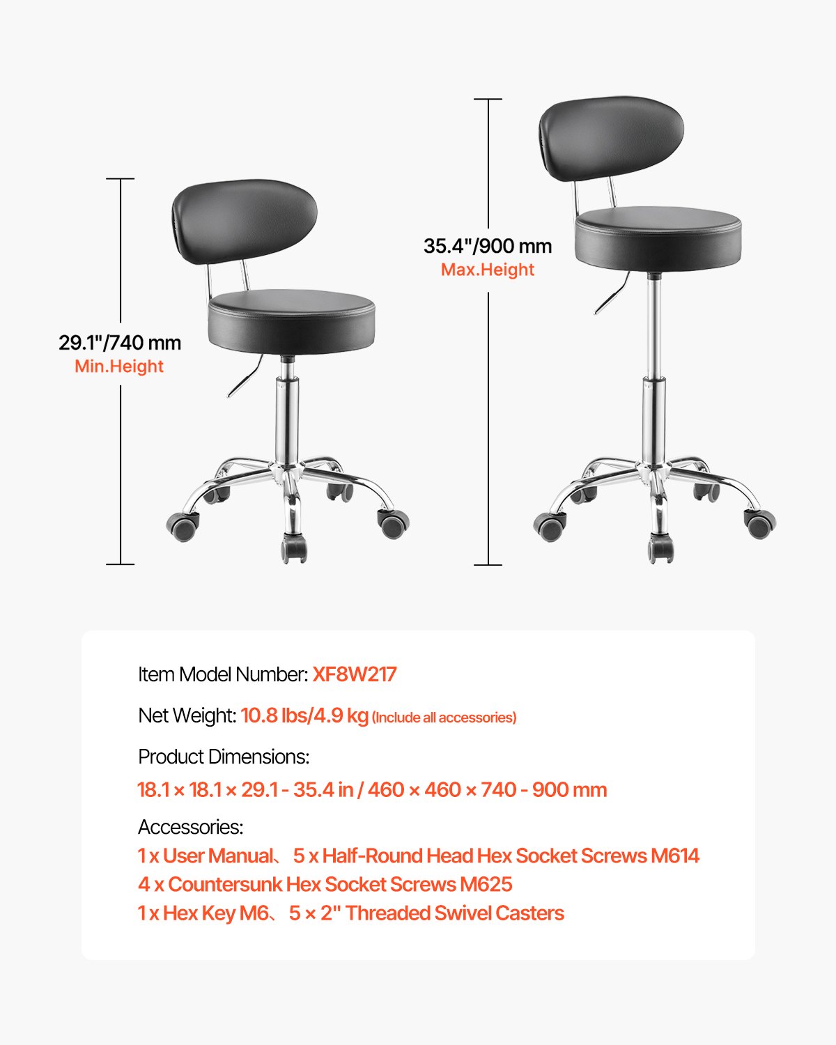 VEVOR Taburete de Taller con Respaldo y Ruedas Asiento de Garaje Carga de 136 kg Taburete de Trabajo Ajustable Acolchado Giratorio de 360° para Garaje, Taller, Reparación de Automóviles, Negro