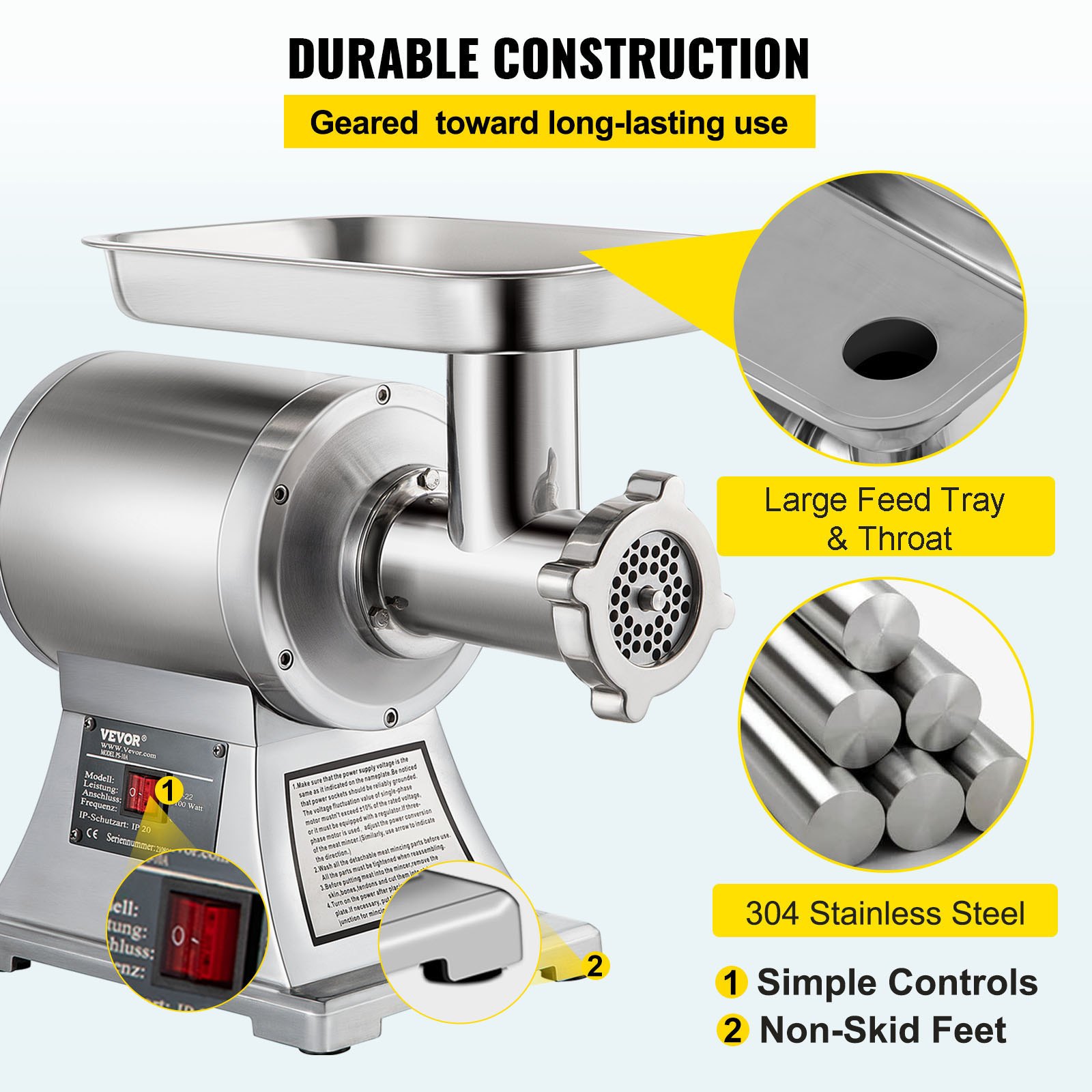VEVOR Picadora de Carne de 193 r/min, Trituradora de Alimento, Picadora Eléctrica de Carne de Acero Inoxidable 1100 W, Máquina Picar Carne Comercial  Moler Carne Hasta 250 kg Peso Bruto 24 kg