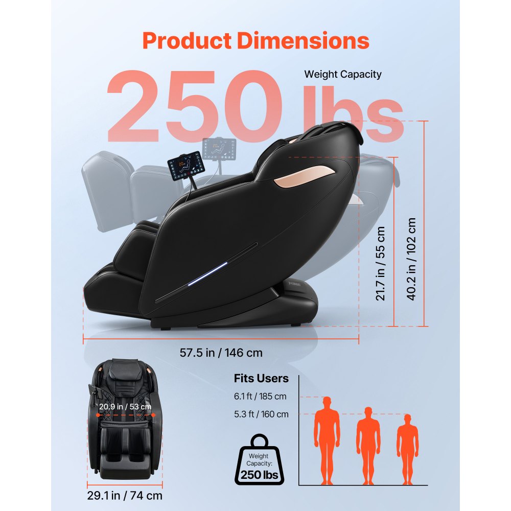 VEVOR Sillón de Masaje 3D, Modo de Gravedad Cero, con Reposapiés Extensible Calefacción Lumbar y Piernas, Control de Pantalla Táctil, Bluetooth, Sillón Relax Reclinable Eléctrico para Hogar Oficina