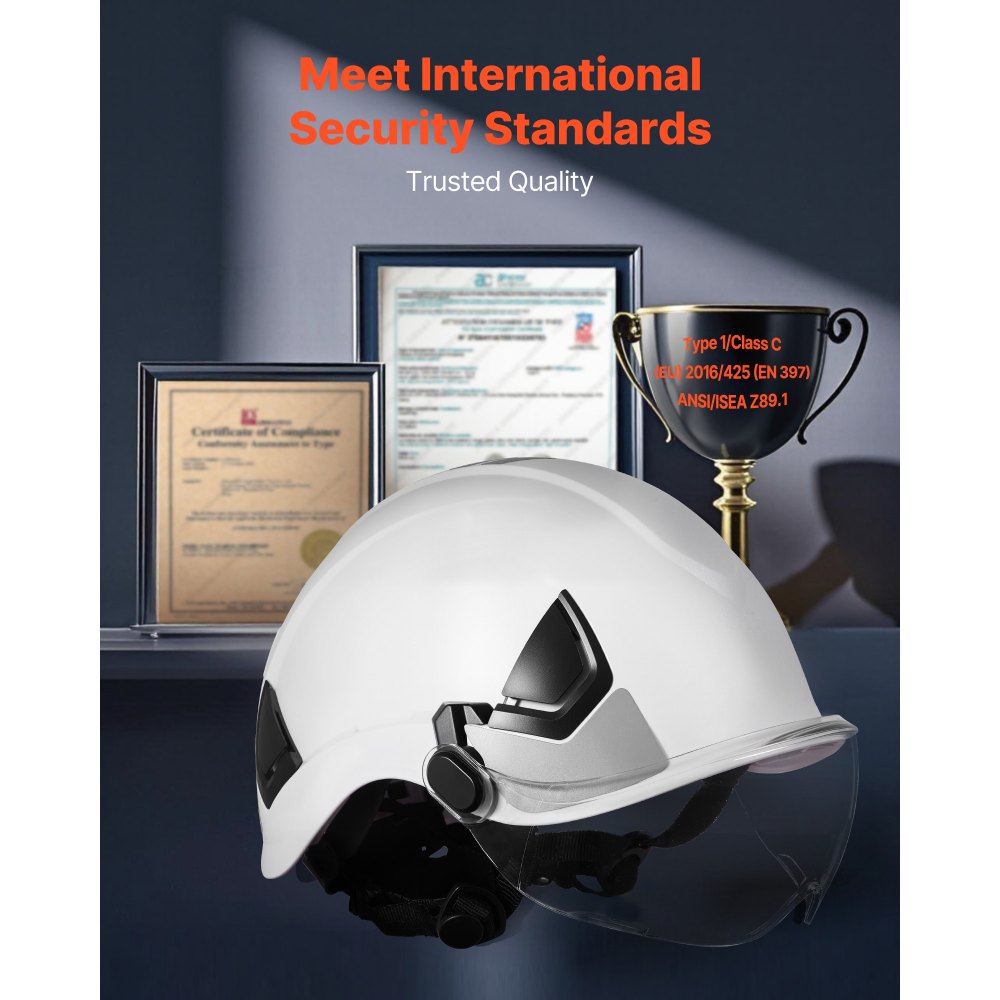 VEVOR Casco de Seguridad, Aprobado por ANSI/ISEA Z89.1, Casco de Seguridad Ajustable Ventilado de ABS con Visera y Suspensión de Trinquete de 6 Puntos, Clase C para Construcción Industrial, Blanco