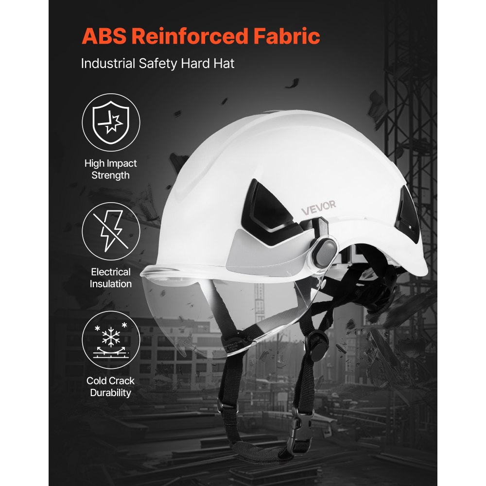 VEVOR Casco de Seguridad, Aprobado por ANSI/ISEA Z89.1, Casco de Seguridad Ajustable Ventilado de ABS con Visera y Suspensión de Trinquete de 6 Puntos, Clase C para Construcción Industrial, Blanco