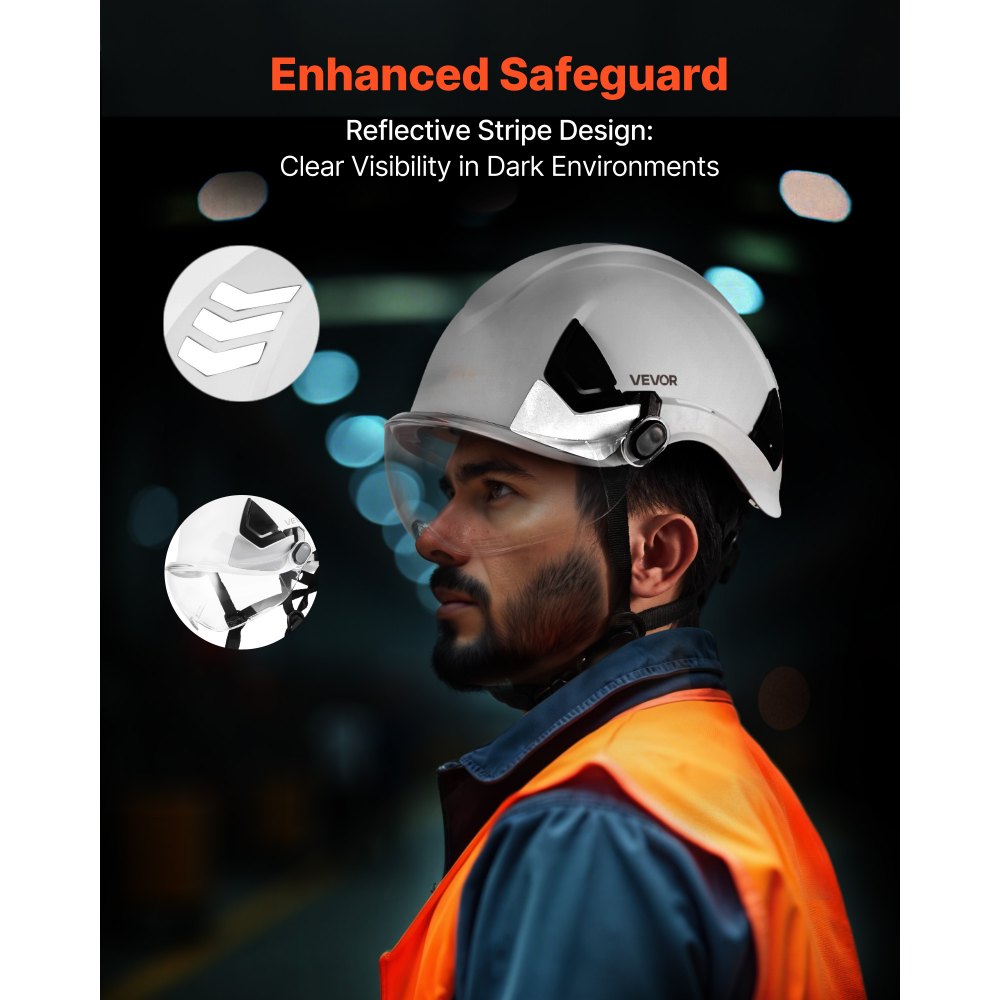 VEVOR Casco de Seguridad, Aprobado por ANSI/ISEA Z89.1, Casco de Seguridad Ajustable Ventilado de ABS con Visera y Suspensión de Trinquete de 6 Puntos, Clase C para Construcción Industrial, Blanco
