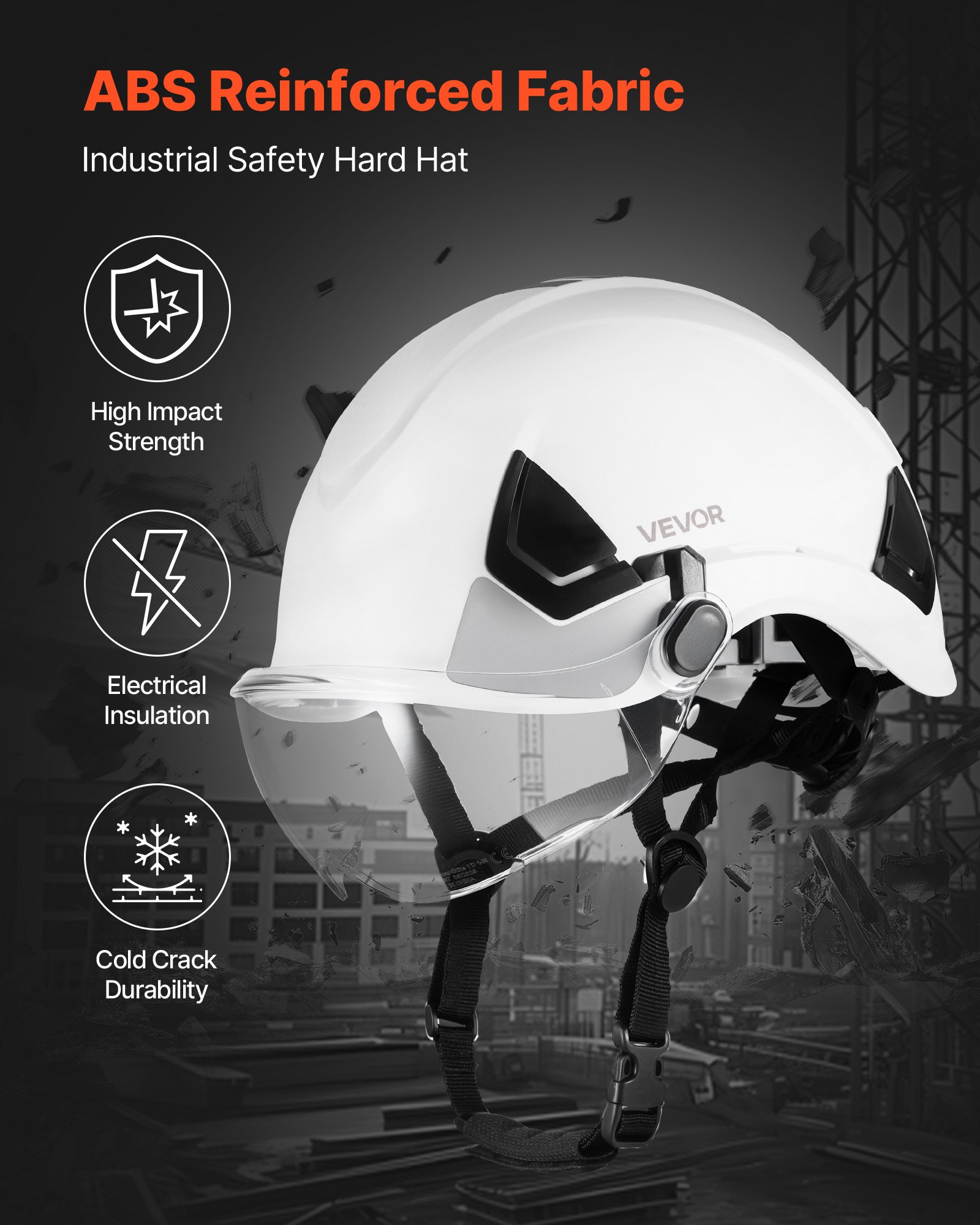 VEVOR Casco de Seguridad, Aprobado por ANSI/ISEA Z89.1, Casco de Seguridad Ajustable Ventilado de ABS con Visera y Suspensión de Trinquete de 6 Puntos, Clase C para Construcción Industrial, Blanco