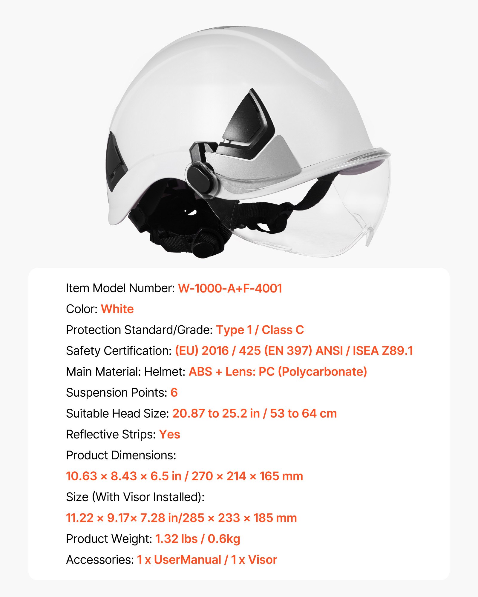 VEVOR Casco de Seguridad, Aprobado por ANSI/ISEA Z89.1, Casco de Seguridad Ajustable Ventilado de ABS con Visera y Suspensión de Trinquete de 6 Puntos, Clase C para Construcción Industrial, Blanco