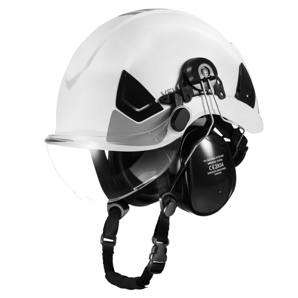 VEVOR Casco de Seguridad, Aprobado por ANSI/ISEA Z89.1, Ajustable y Ventilado de ABS con Visera, Orejeras y Suspensión de Trinquete de 6 Puntos, Clase C, para Construcción Industrial, Blanco