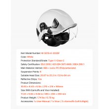 VEVOR Casco de Seguridad, Aprobado por ANSI/ISEA Z89.1, Ajustable y Ventilado de ABS con Visera, Orejeras y Suspensión de Trinquete de 6 Puntos, Clase C, para Construcción Industrial, Blanco