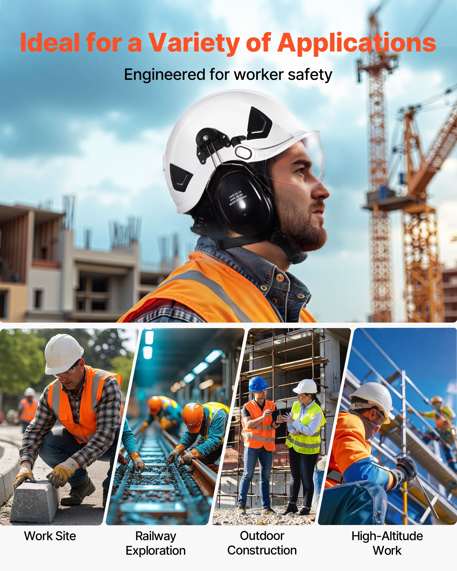 VEVOR Casco de Seguridad, Aprobado por ANSI/ISEA Z89.1, Ajustable y Ventilado de ABS con Visera, Orejeras y Suspensión de Trinquete de 6 Puntos, Clase C, para Construcción Industrial, Blanco