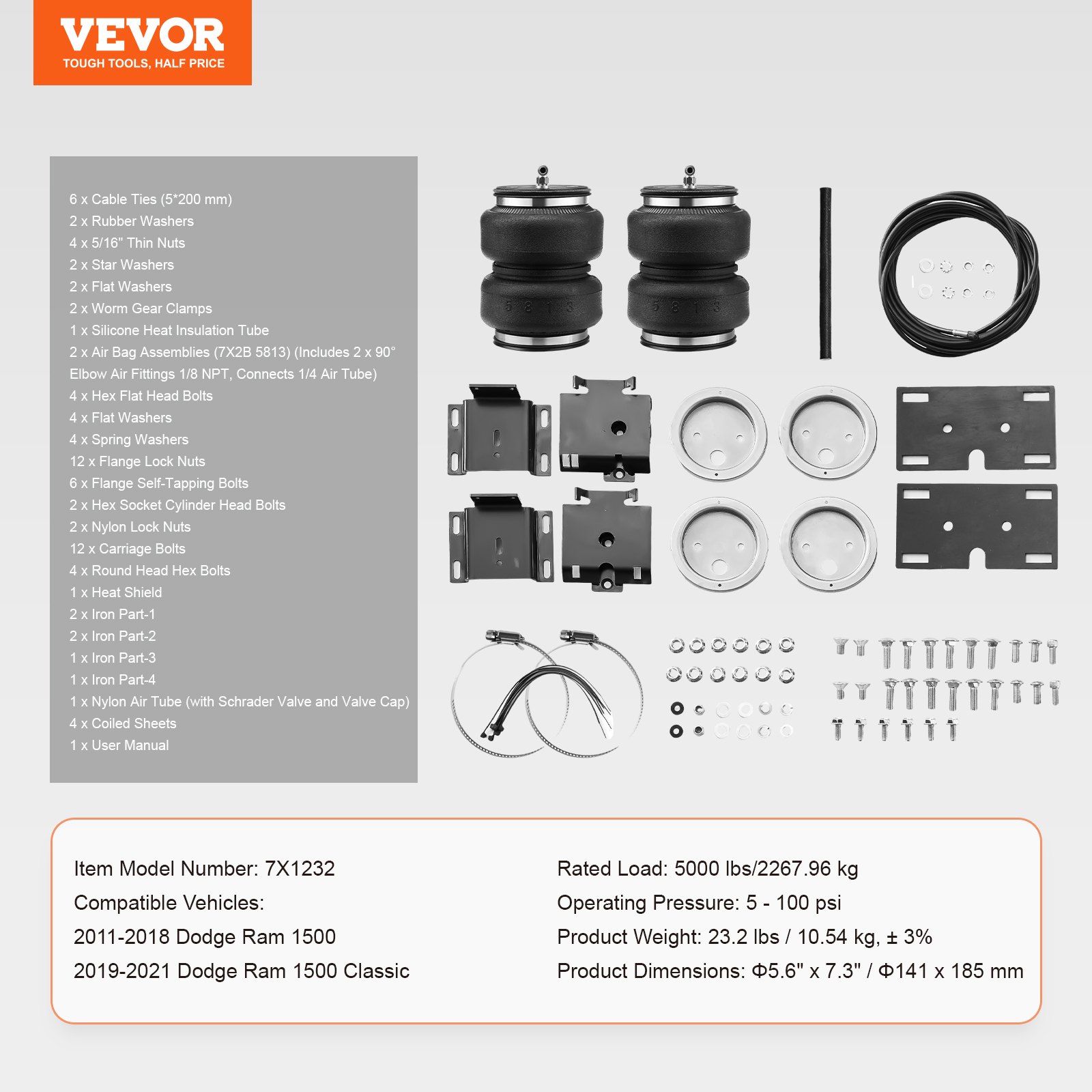 VEVOR Kit de suspensión de bolsa de aire, kit de bolsa de suspensión de resortes de aire compatible con Dodge Ram 1500 2011-2018, Dodge Ram 1500 Classic 2019-2021, carga de 5000 libras, 5 a 100 PSI