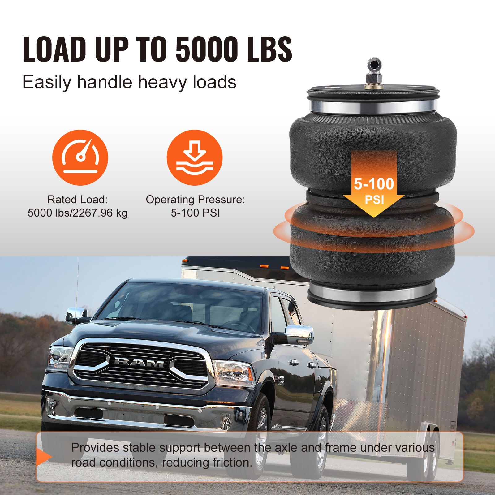 VEVOR Kit de suspensión de bolsa de aire, kit de bolsa de suspensión de resortes de aire compatible con Dodge Ram 2500 2WD 4WD 2014-2023, carga de 5000 libras, 5 a 100 PSI