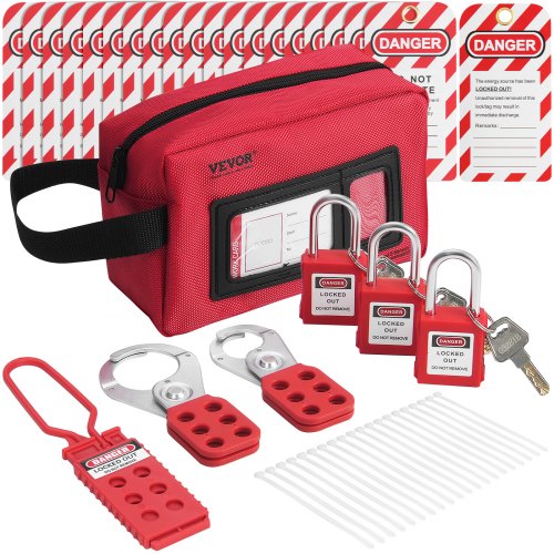 VEVOR Juego de Etiquetado de Bloqueo Eléctrico, 26 Piezas Kit de Seguridad con Candados, Cerrojos, Etiquetas, Bridas de Nailon y Bolsa de Transporte para Maquinaria Industrial, Energía Eléctrica