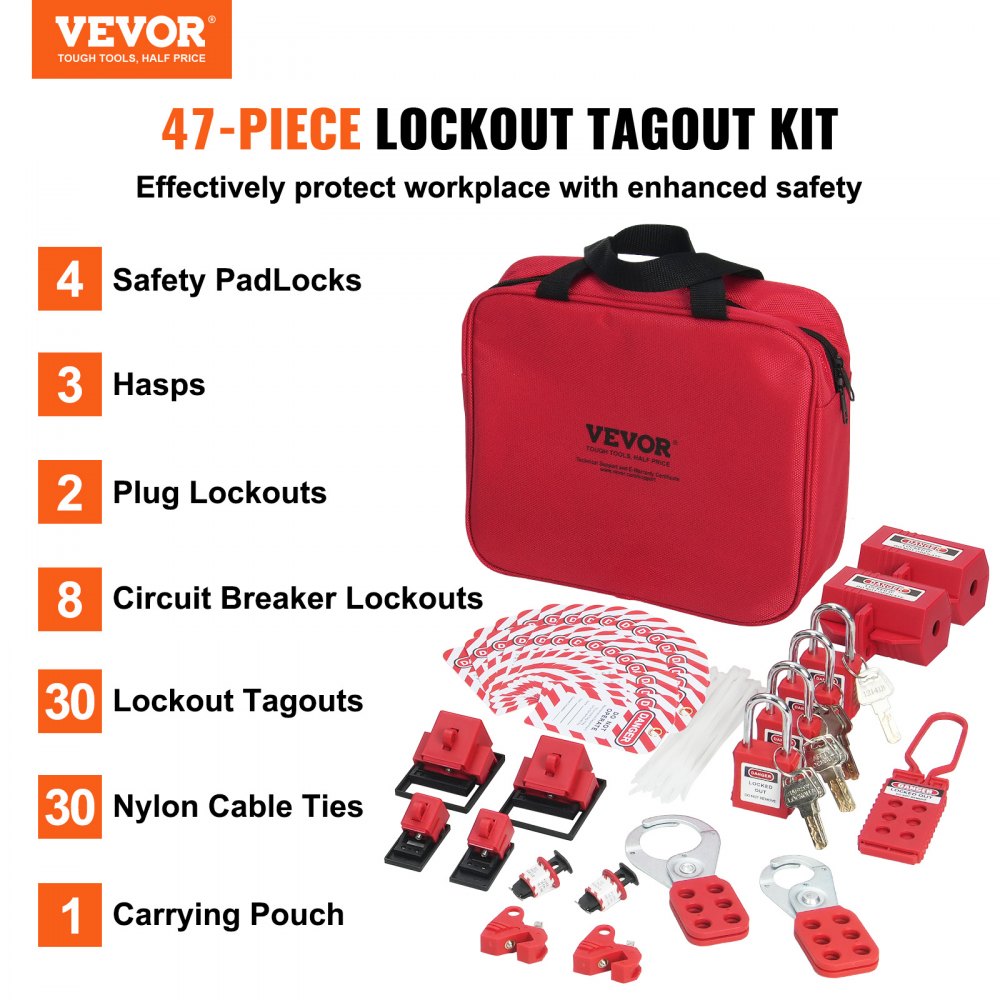 VEVOR Kit de Etiquetado de Bloqueo Eléctrico, 47 Piezas Kit de Seguridad Loto que Incluye Candados, Cerrojos, Etiquetas, Bridas de Nailon, Bloqueos de Enchufes, para Energía Eléctrica Industrial