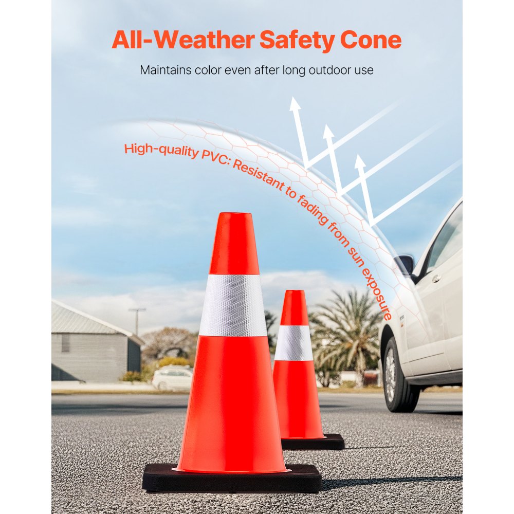 VEVOR Cono de Tráfico 5 Piezas 45 cm Pedestal de Obra de PVC Naranja Cono de Seguridad con Base Pesada y Collares Reflectantes para Demarcación de Estacionamiento de Emergencia en Estacionamiento