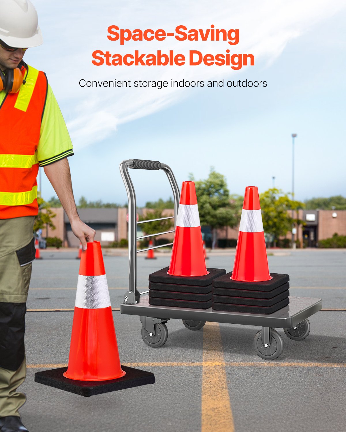 VEVOR Cono de Tráfico 5 Piezas 45 cm Pedestal de Obra de PVC Naranja Cono de Seguridad con Base Pesada y Collares Reflectantes para Demarcación de Estacionamiento de Emergencia en Estacionamiento