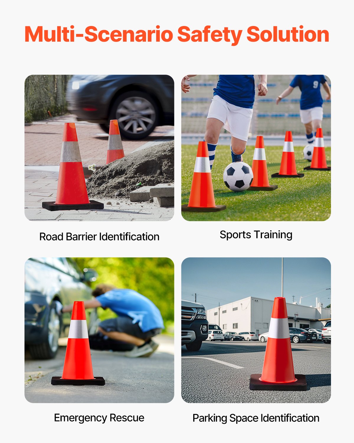 VEVOR Cono de Tráfico 5 Piezas 45 cm Pedestal de Obra de PVC Naranja Cono de Seguridad con Base Pesada y Collares Reflectantes para Demarcación de Estacionamiento de Emergencia en Estacionamiento