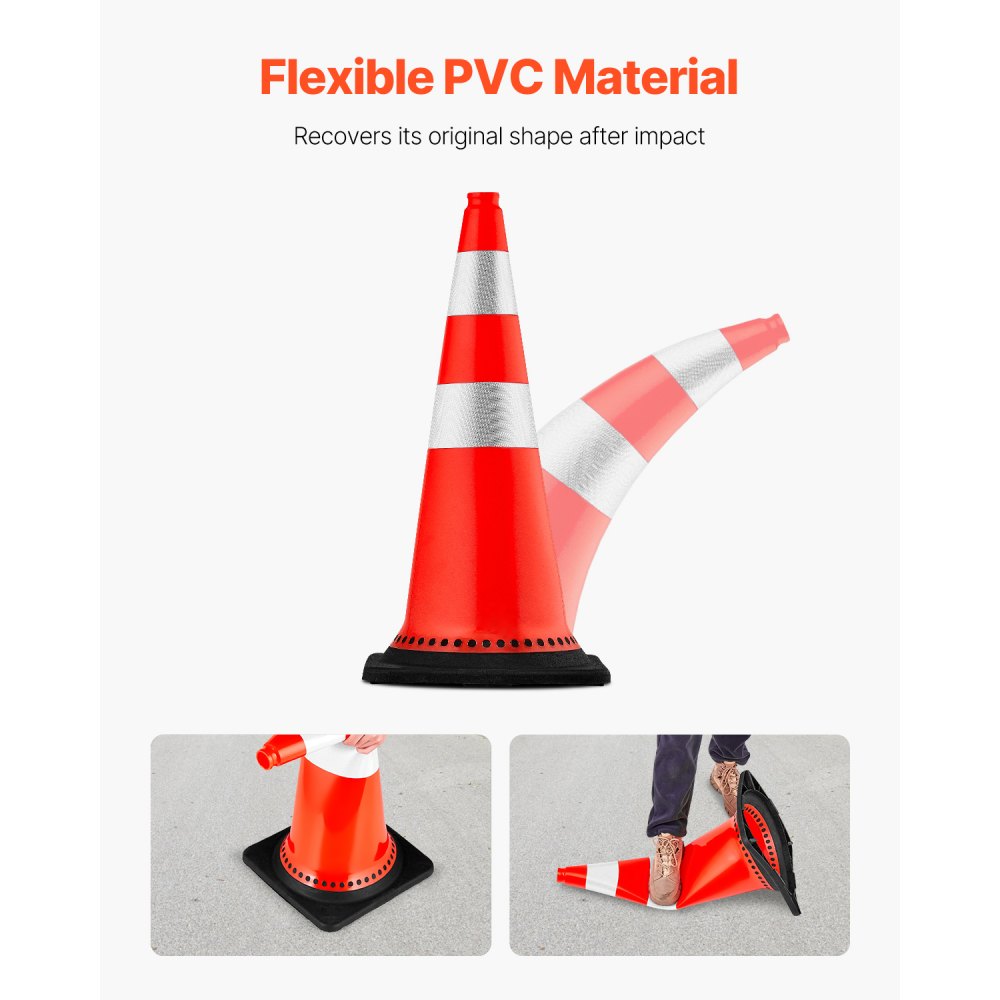 VEVOR Cono de Tráfico 8 Piezas 75 cm Pedestal de Obra de PVC Naranja Cono de Seguridad con Base Pesada y 2 Collares Reflectantes para Demarcación de Estacionamiento de Emergencia en Estacionamiento