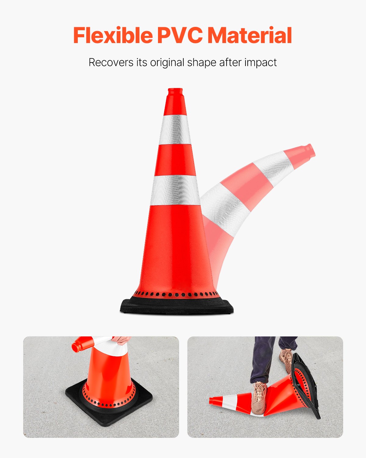 VEVOR Cono de Tráfico 8 Piezas 75 cm Pedestal de Obra de PVC Naranja Cono de Seguridad con Base Pesada y 2 Collares Reflectantes para Demarcación de Estacionamiento de Emergencia en Estacionamiento